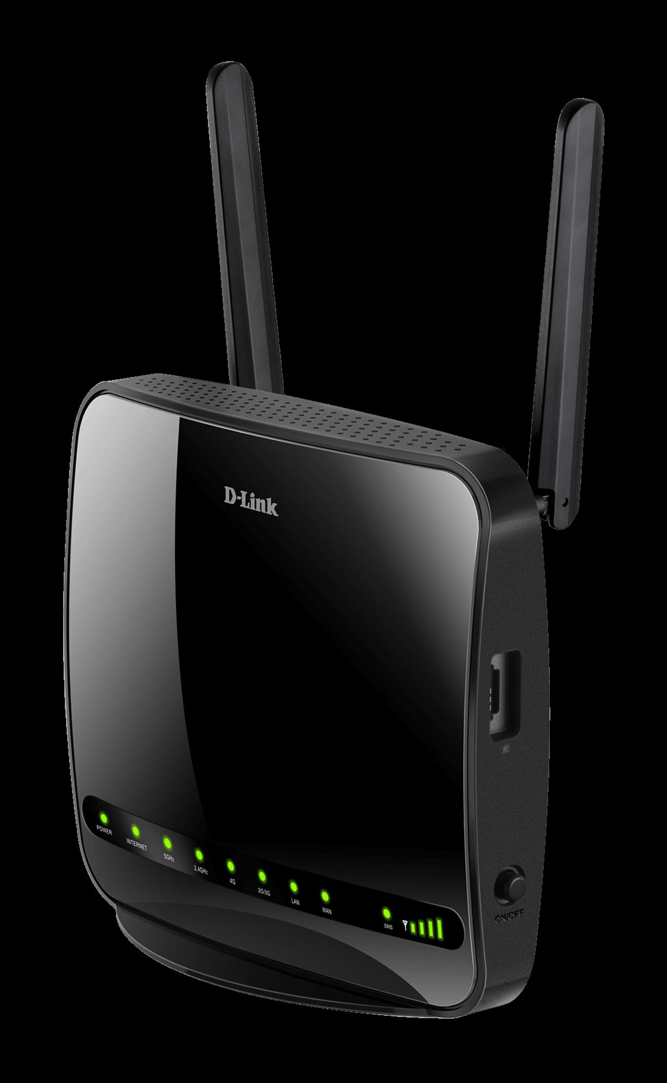 Ein schwarzer D-Link WLAN-Router mit Antennen und verschiedenen Kontrollleuchten, schräg auf schwarzem HG.