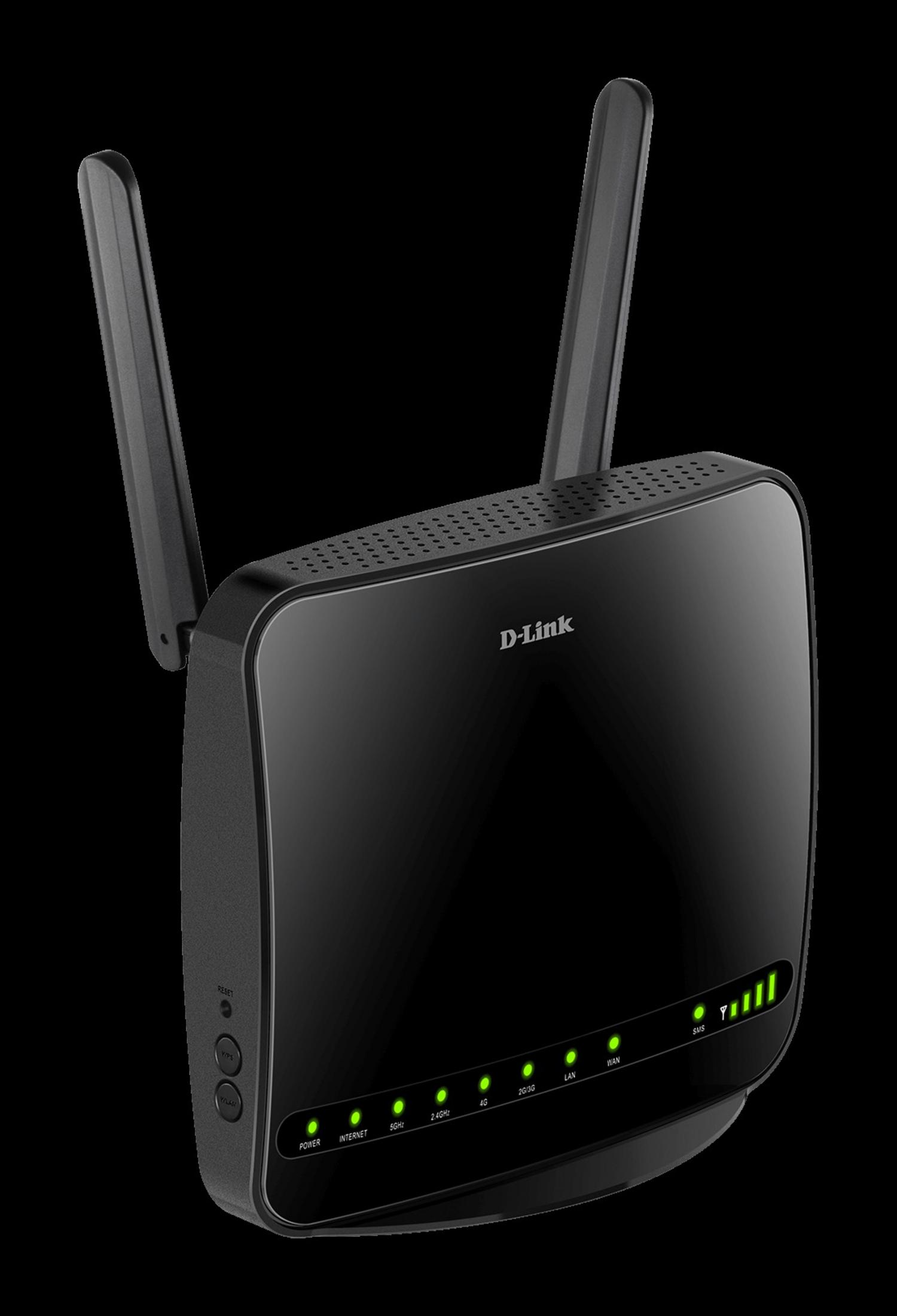 Ein schwarzer D-Link-Router mit Antennen und Kontrollleuchten auf schwarzem Hintergrund.
