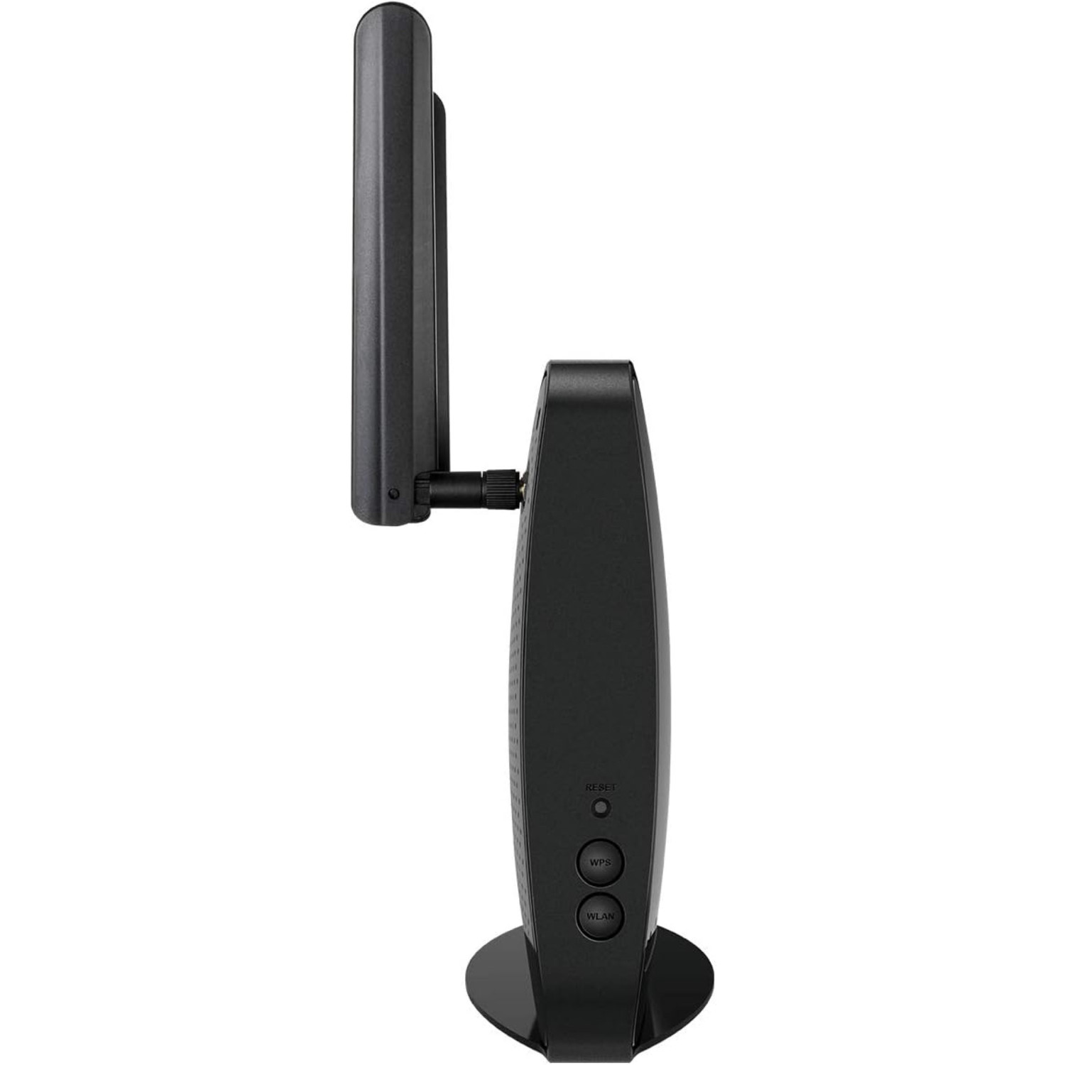 Schwarzer WLAN-Router mit zwei Antennen, stehend auf einer weißen Oberfläche.