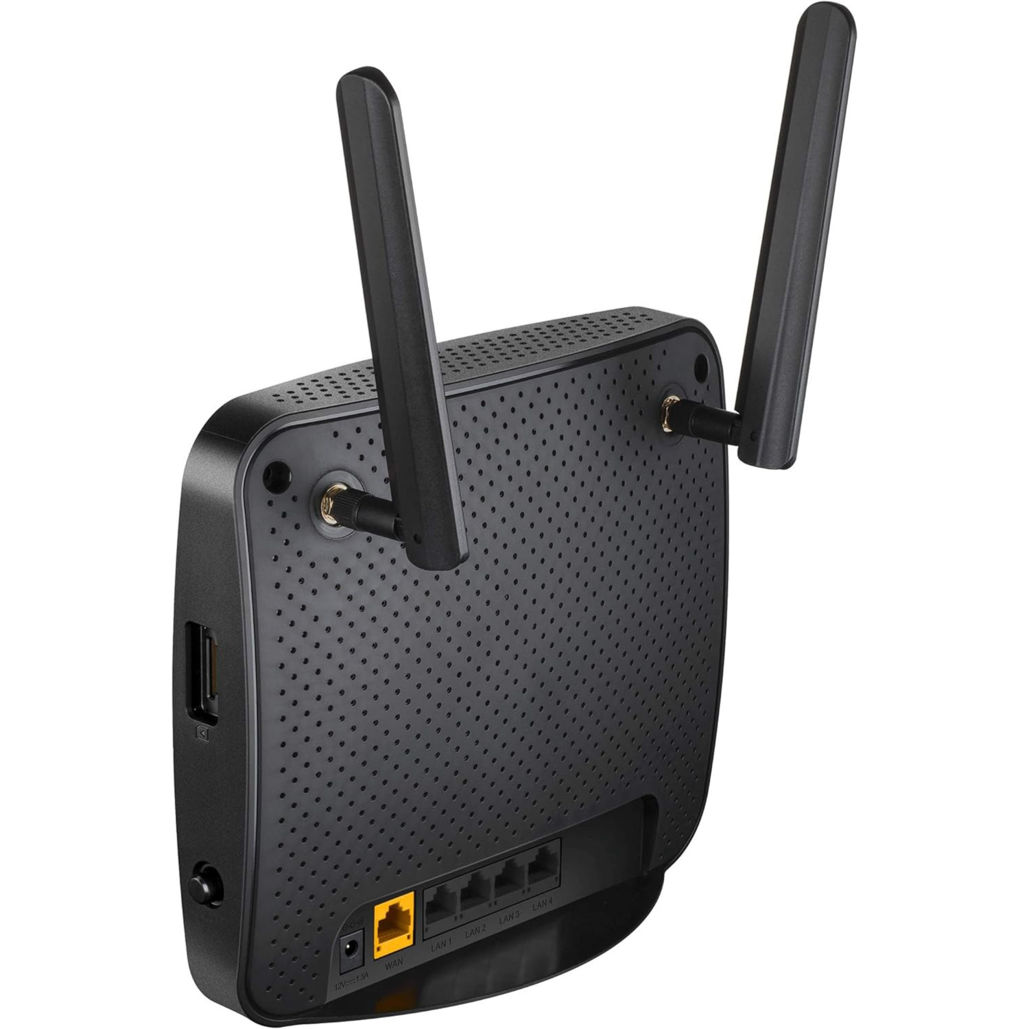 Schwarzer Router mit zwei Antennen. Er hat Anschlüsse unten und an der Seite.