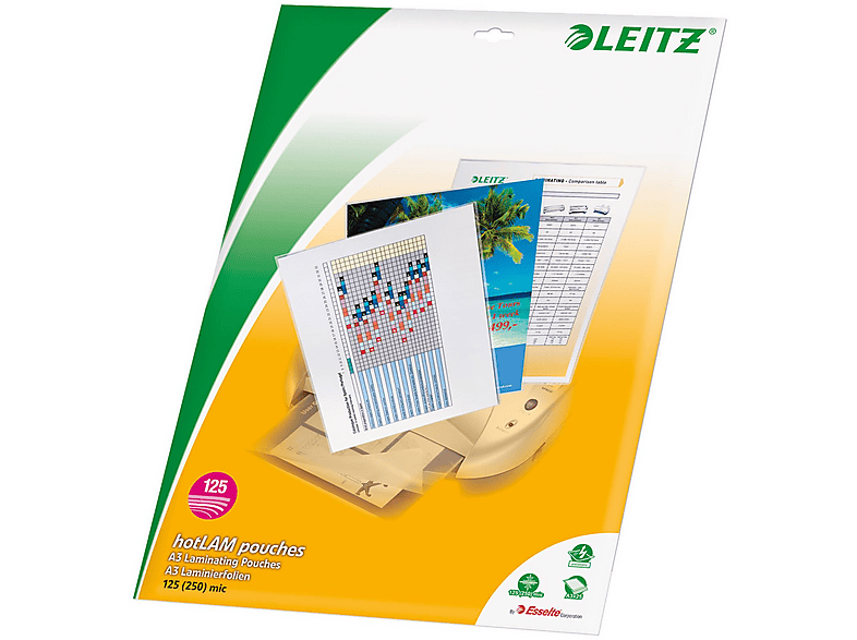 LEITZ Feuilles Plastification A3 125 Microns – Pack 25, Brillant, Protection Hermétique Pour Documents Et Photos
