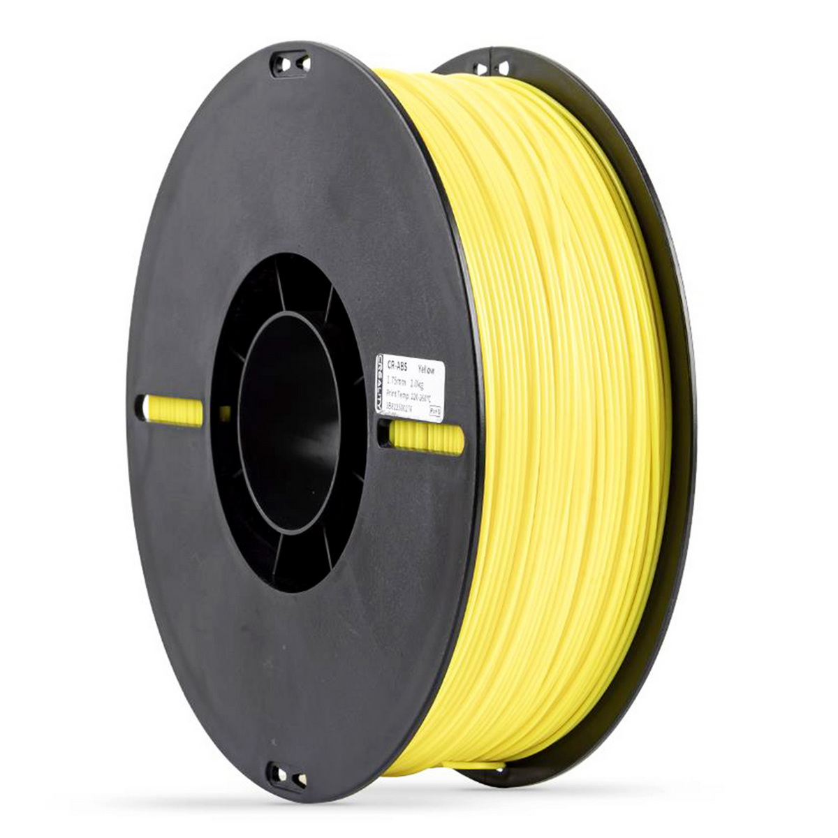 Bobina di filamento giallo per stampante 3D su una bobina nera. Lo sfondo è bianco.