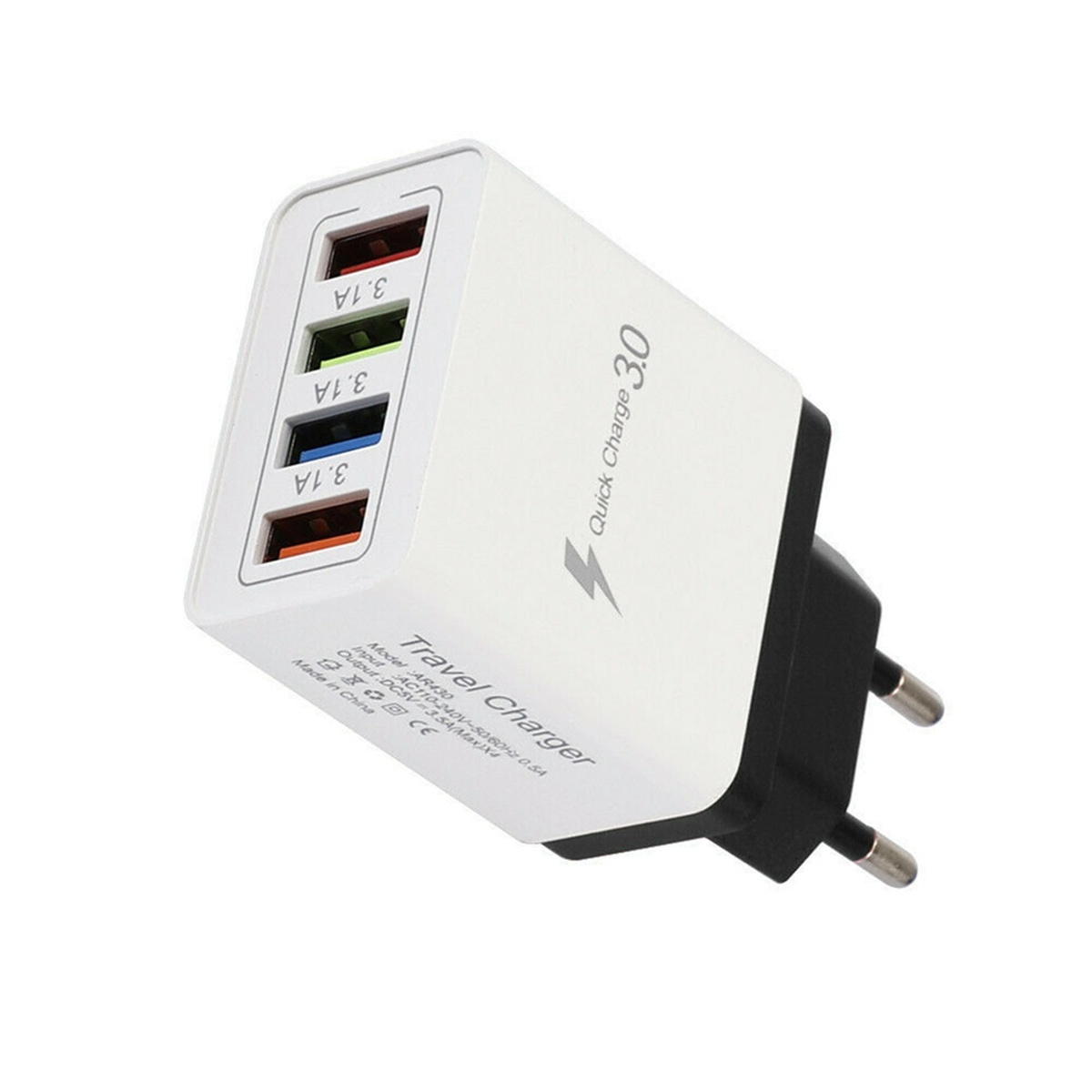 Weißes und schwarzes Reise Ladegerät mit vier USB-Anschlüssen, Stecker und der Aufschrift 'Quick Charge 3.0'.