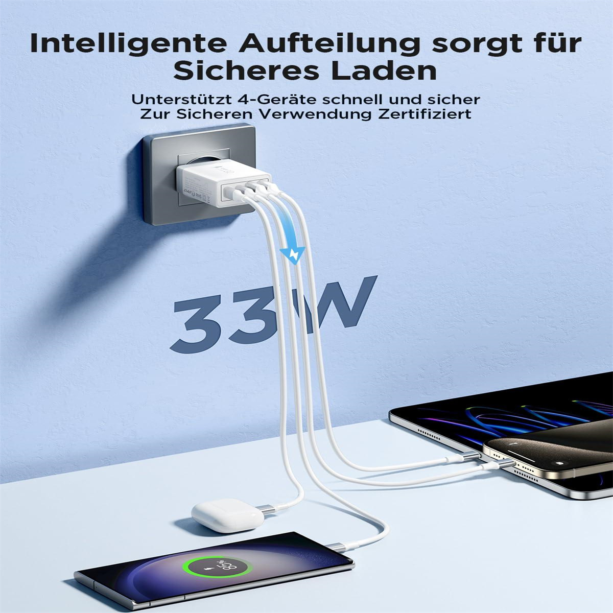 Weißes Ladegerät mit mehreren Ladekabeln, die an Handys angeschlossen sind. Angezeigter Text: 33W und intelligente Stromverteilung.