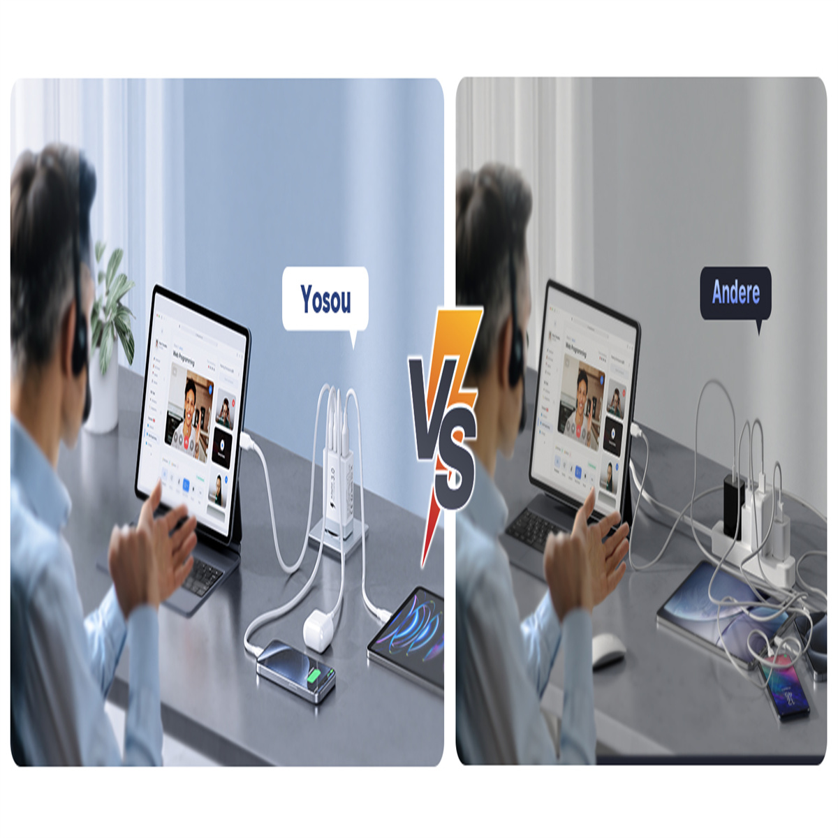 Vergleich von zwei Tablets mit Ladestationen. Eines verwendet Yosou, das andere ein anderes Lade-Setup.
