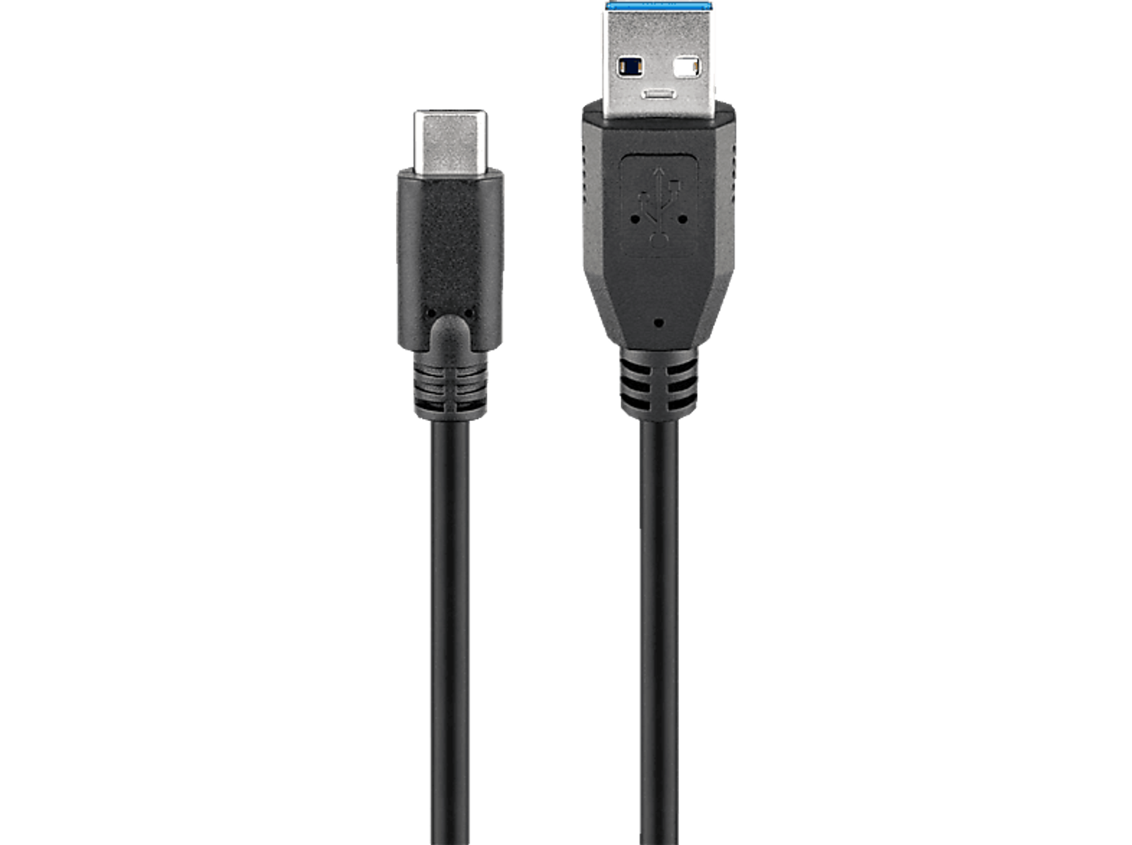 Schwarzes USB-zu-USB-C-Kabel. Das USB-Ende ist blau, der Hintergrund ist dunkel.