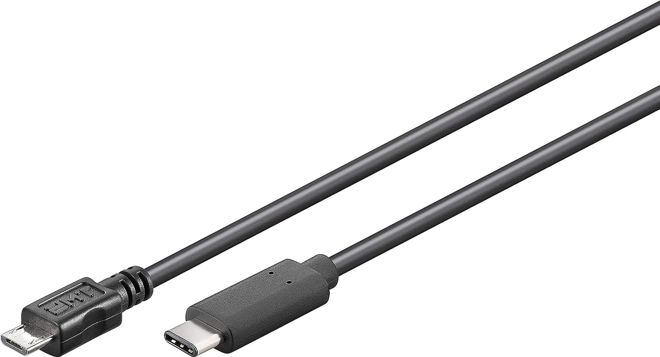 Schwarzes USB-C-zu-Micro-USB-Kabel. Die Anschlüsse befinden sich an den Enden. Das Kabel ist schwarz.