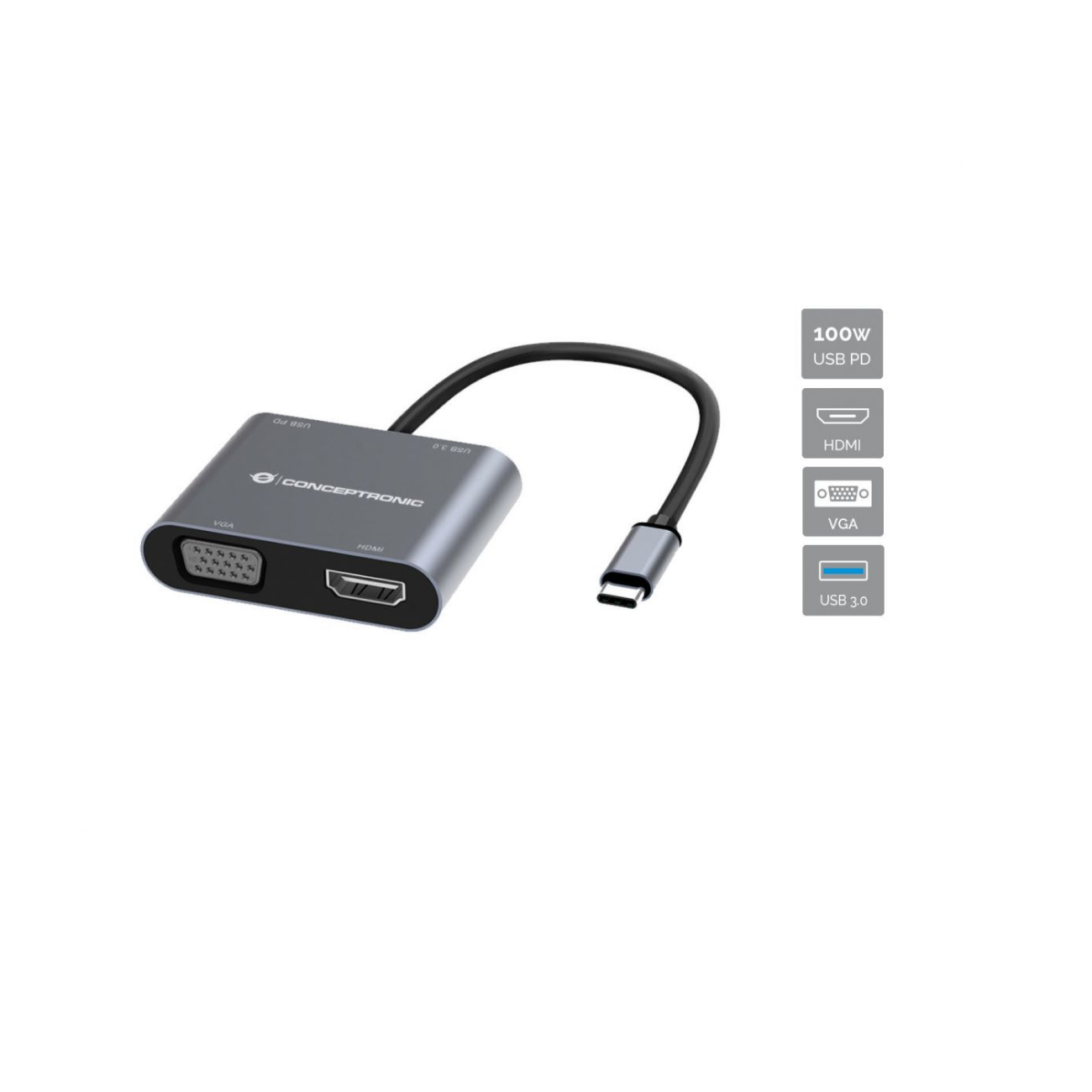 Silberner Conceptronic USB-C-Adapter mit VGA-, USB 3.0- und HDMI-Anschlüssen. Weißer Hintergrund mit Symbolen.