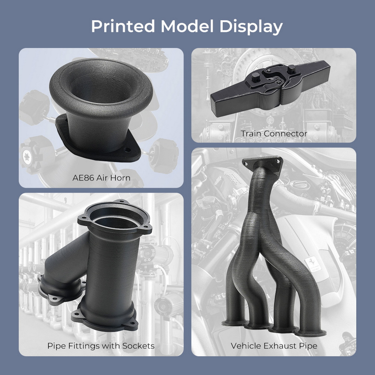 Vier Bilder von 3D-gedruckten Modellen: Schalltrichter, Zugverbinder, Rohrfittings und Fahrzeugauspuff.