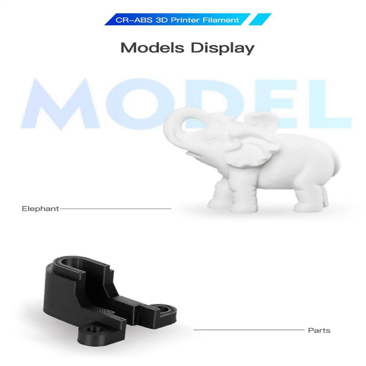 Opakowanie filamentu do drukarki 3D CR-ABS. Pokazany jest biały model słonia.