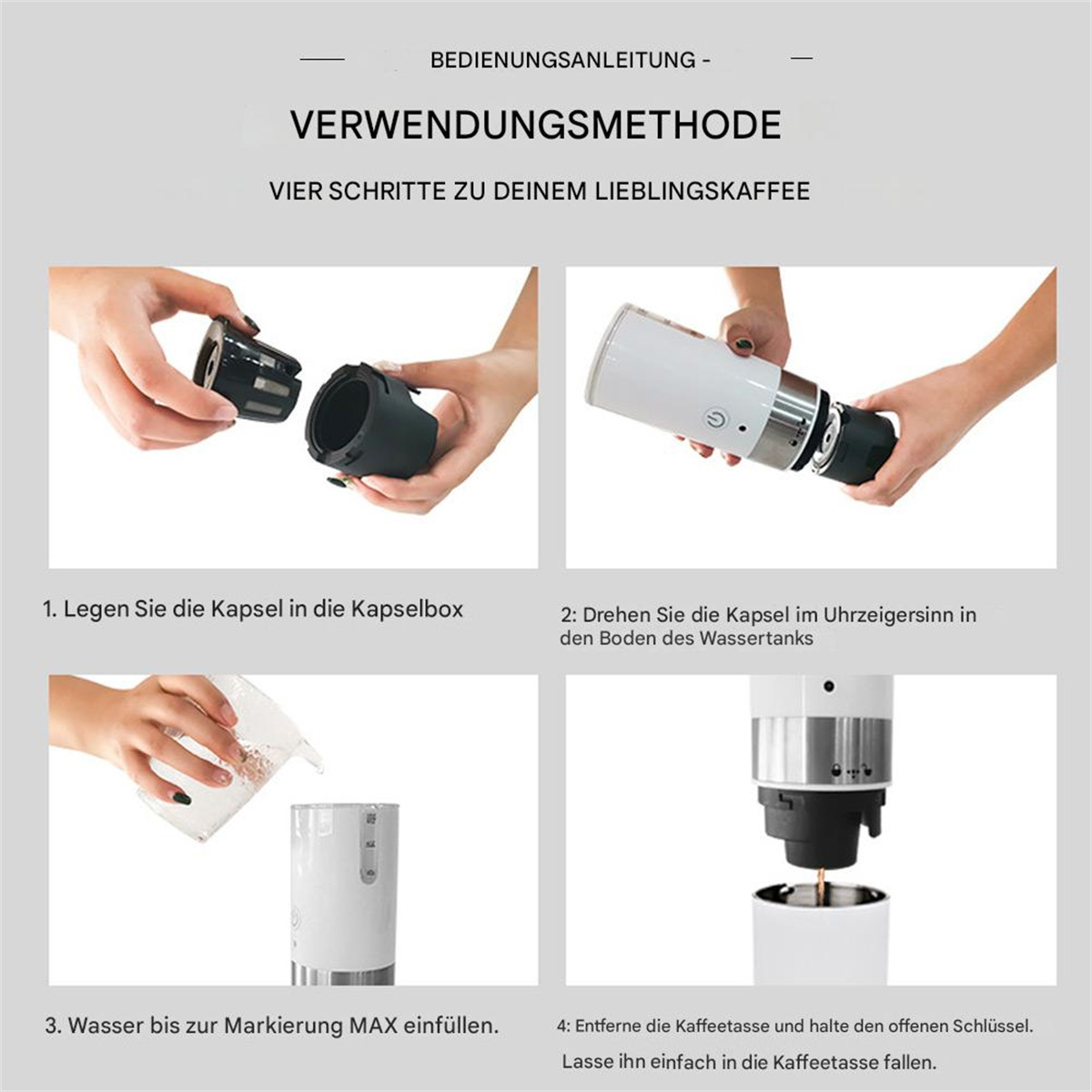 Vier Schritte zur Kaffeezubereitung. Bilder zeigen Teilemontage, Wasserfüllung und Kaffeeextraktion.