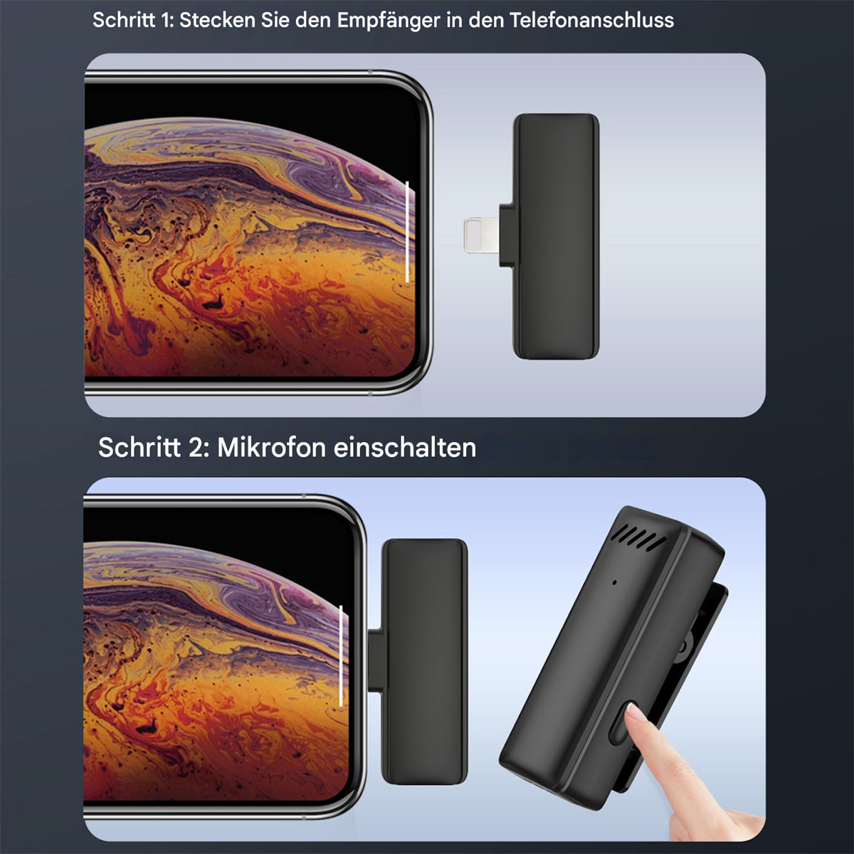 Diagramm eines Empfängers, der sich mit einem Telefon und einem Mikrofon mit der Hand einer Person verbindet.