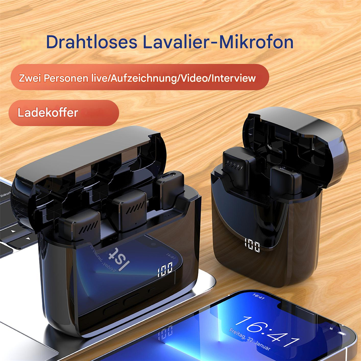 Zwei schwarze, drahtlose Lavalier-Mikrofone in ihren Ladekoffern, mit Telefon und Laptop.