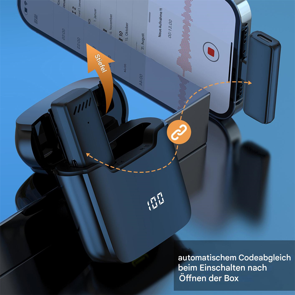Schwarzes Gerät mit Bildschirm, Diagramm, das die Verbindung zu einem Telefon mit Text zeigt. 100 % Akku angezeigt.