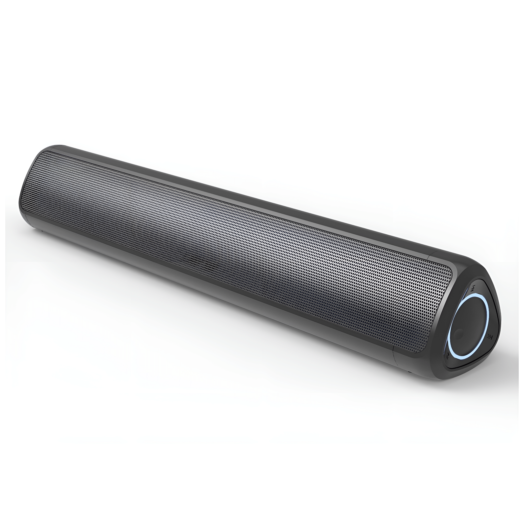 Ein schwarzer Soundbar-Lautsprecher mit einem Mesh-Vorderteil. Er hat ein blaues Licht.