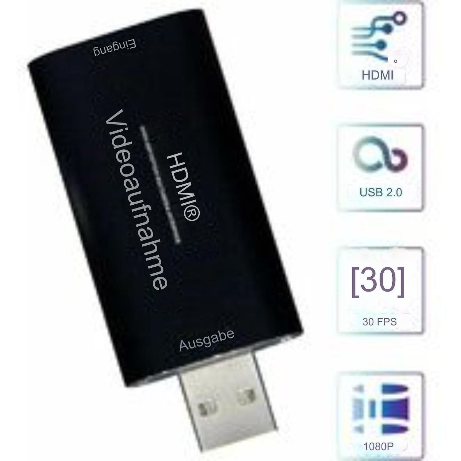 Schwarzes HDMI-Videoaufnahmegerät mit USB-Anschluss und Symbolen.