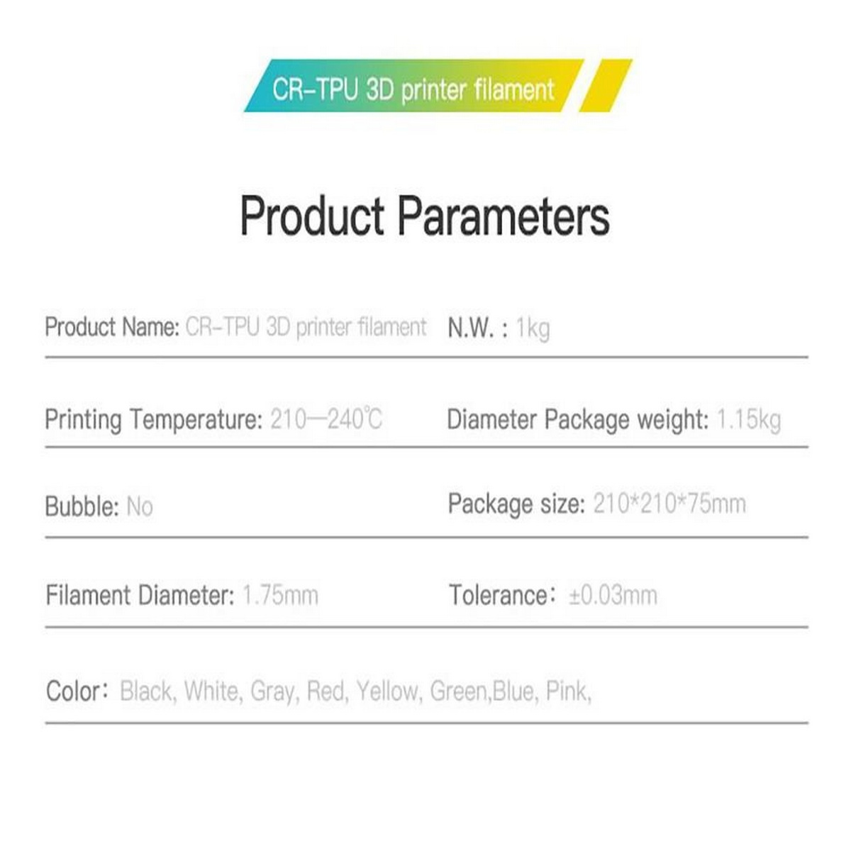 Produkttabelle mit Parametern wie Name, Temperatur, Durchmesser und Farbe des 3D-Druckerfilaments.