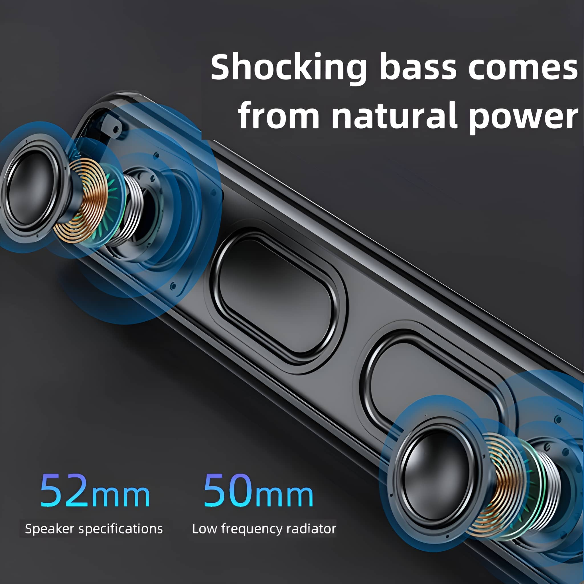 Eine schwarze Soundbar zeigt interne Lautsprecherkomponenten mit Text über Bass und Spezifikationen.