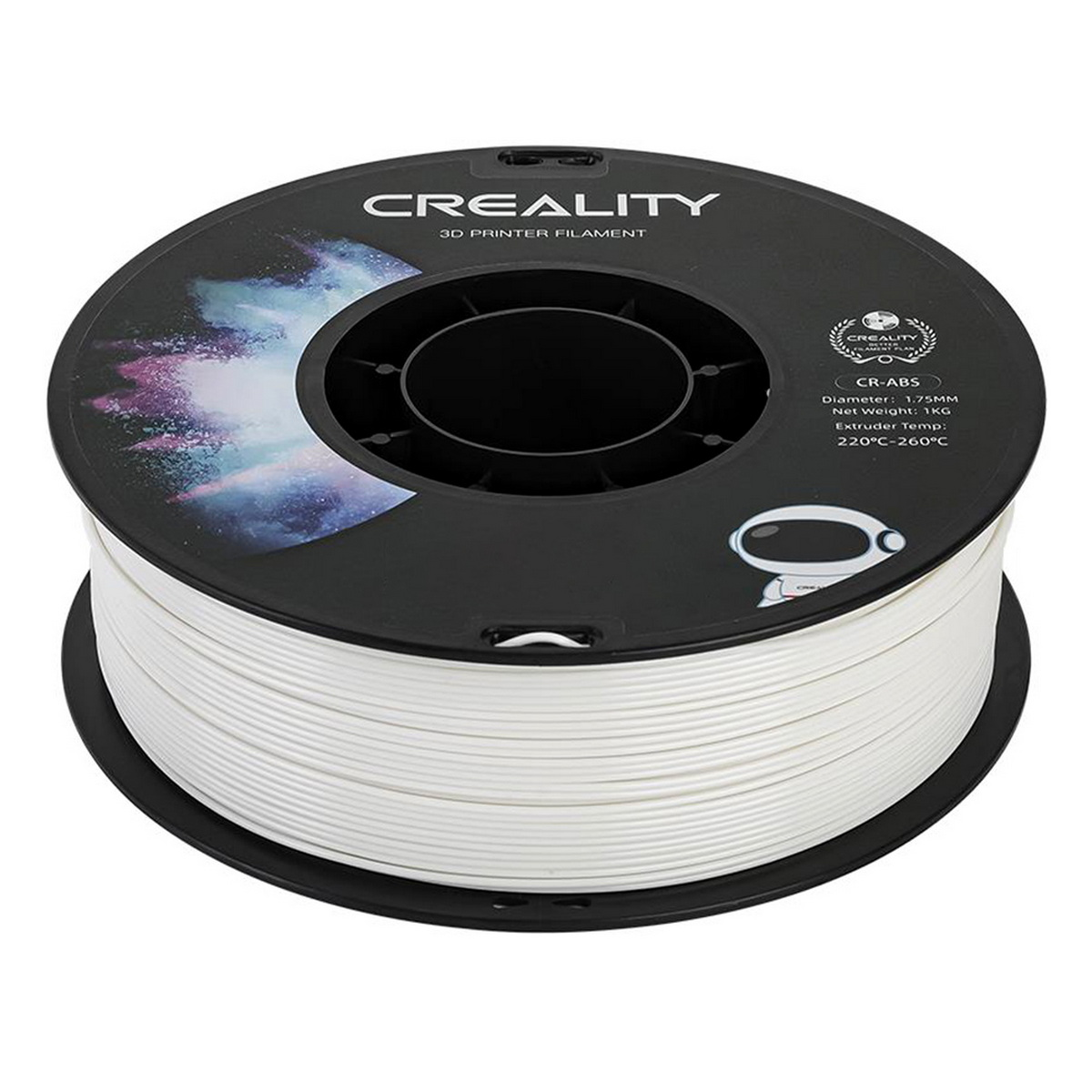 Schwarz-weiße Spule mit Creality 3D-Druckerfilament. Weißes Filament ist um die Spule gewickelt. Weißer Hintergrund.