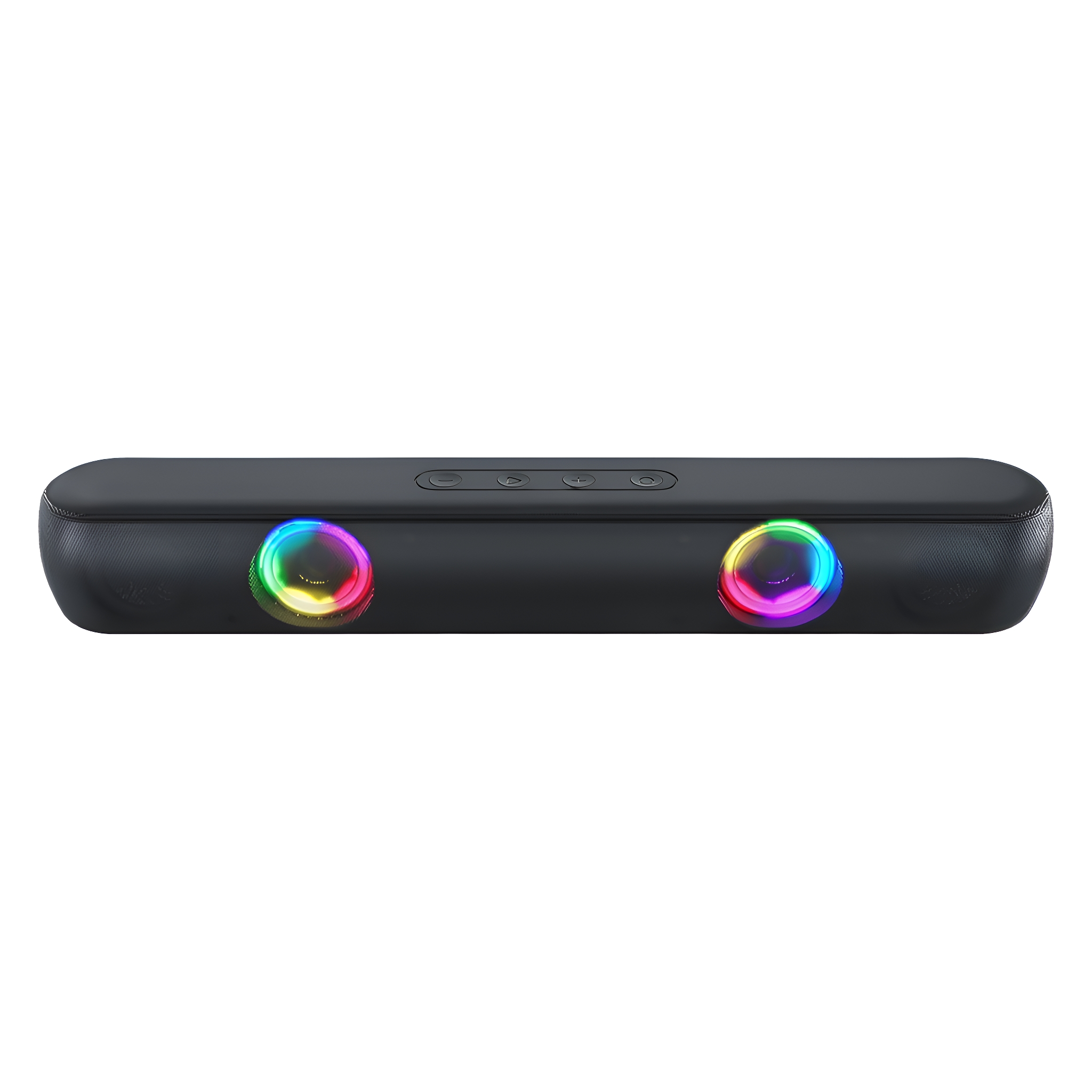Schwarze Soundbar mit RGB-Lichtern an den Seiten und drei Knöpfen oben.