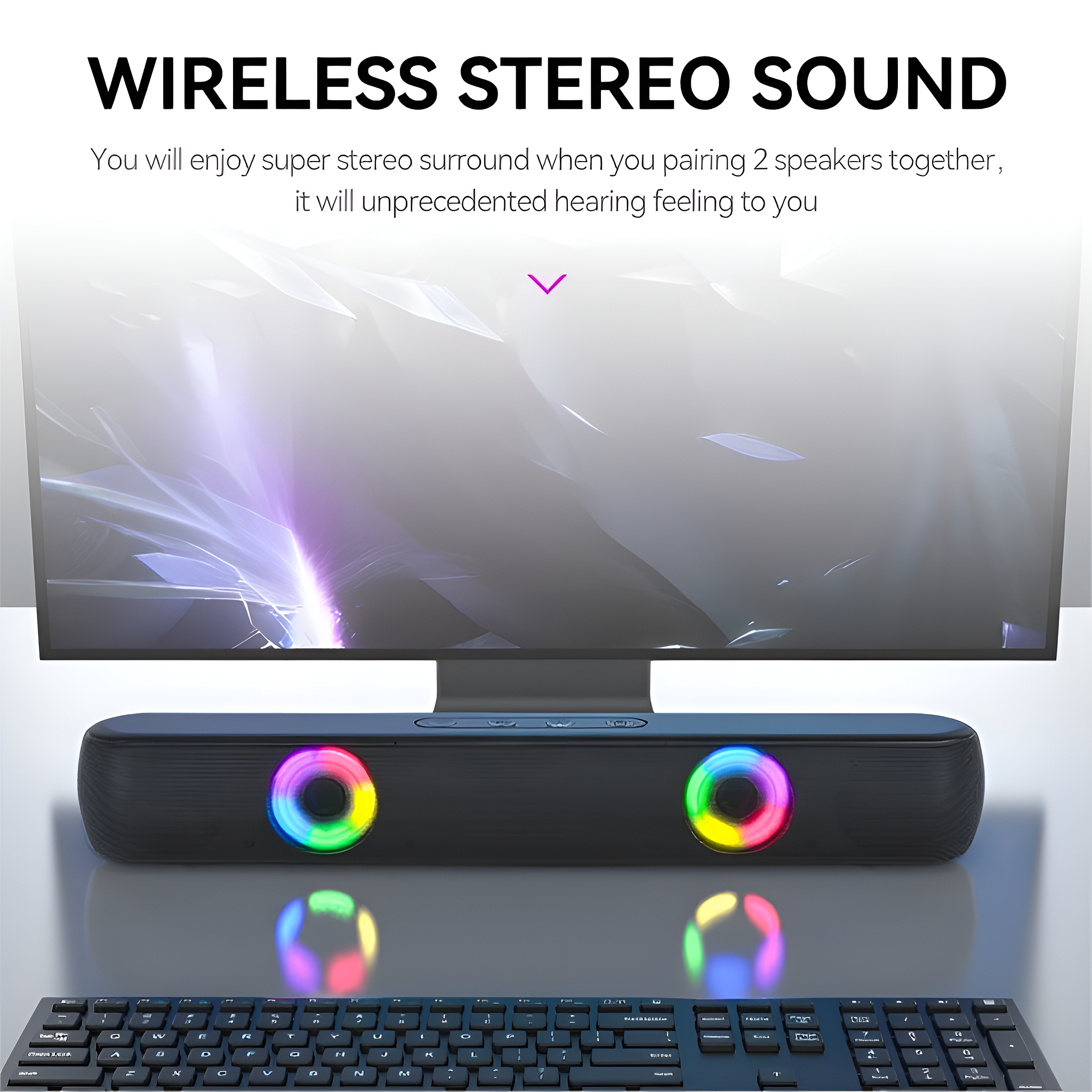Eine Soundbar mit bunten Lichtern und einer Tastatur. Das Bild wirbt für drahtlosen Stereoklang.