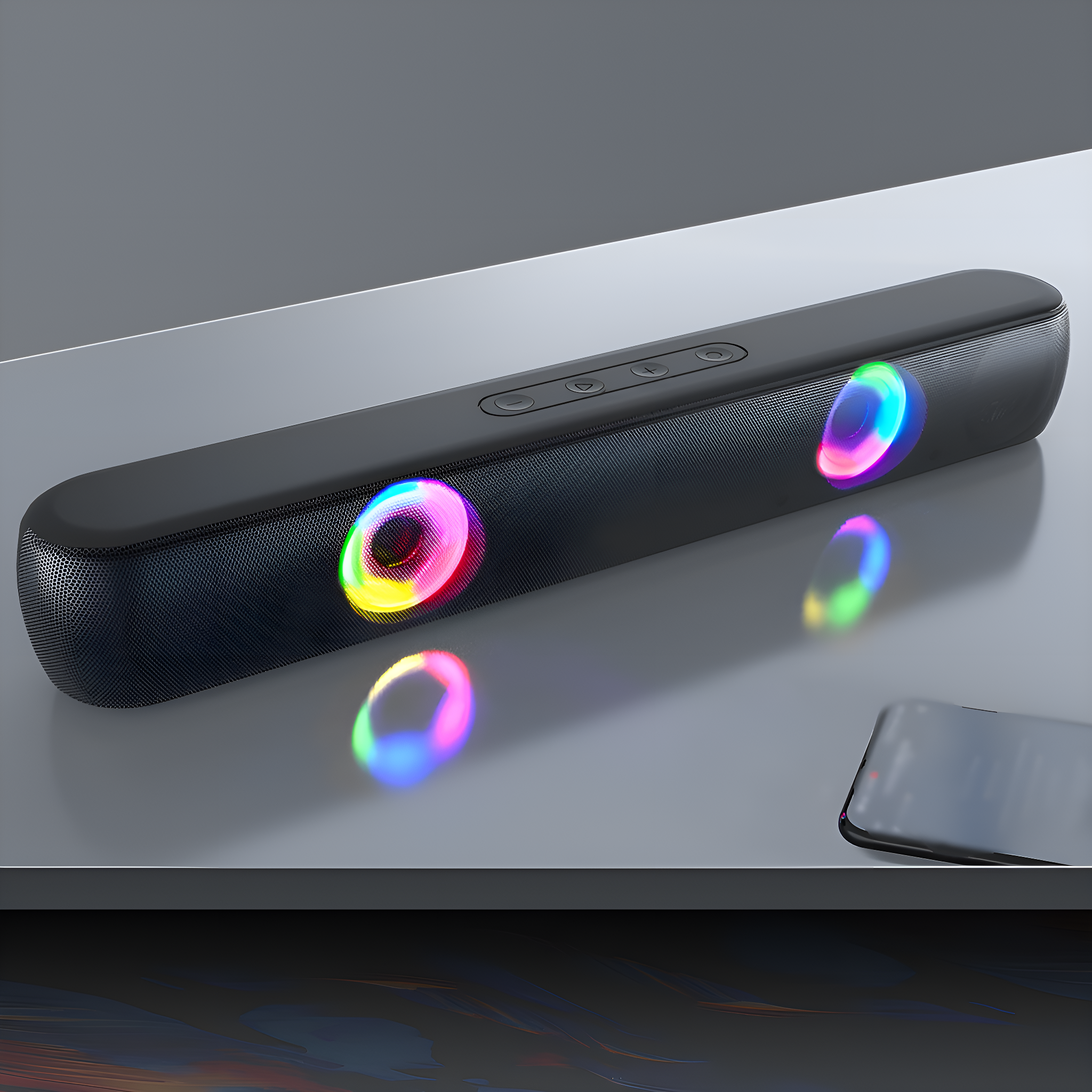 Eine schwarze Soundbar mit bunten Lichtern an den Enden. Ein Telefon liegt unten rechts auf der Oberfläche.