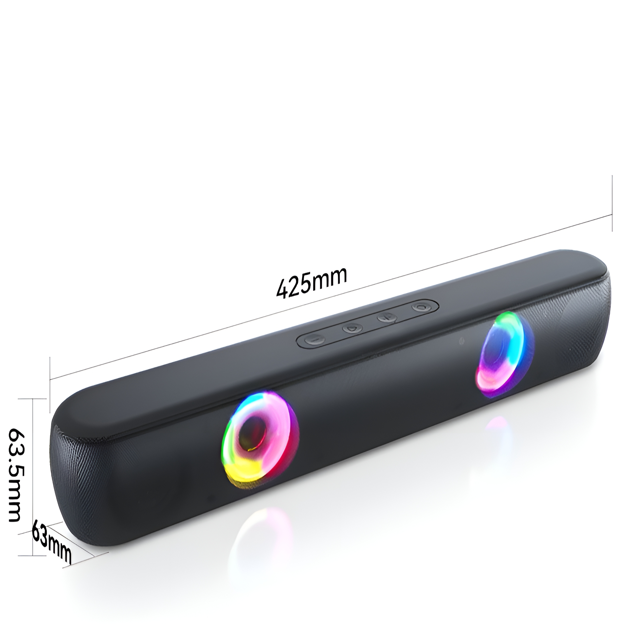 Schwarze Soundbar mit bunten Lichtern an den Seiten. Maße: 425mm x 63,5mm x 63mm. Hat Tasten oben.