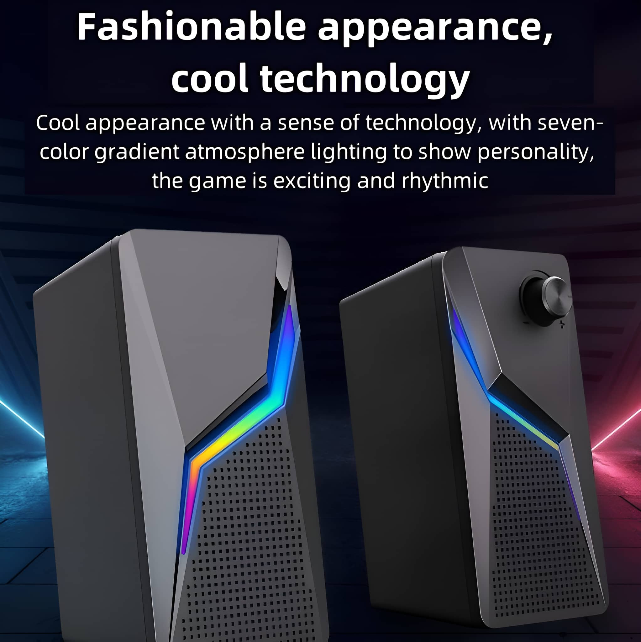 Zwei schwarze Computerlautsprecher mit farbenfrohen LED-Leuchten, mit Text über ein cooles Aussehen.