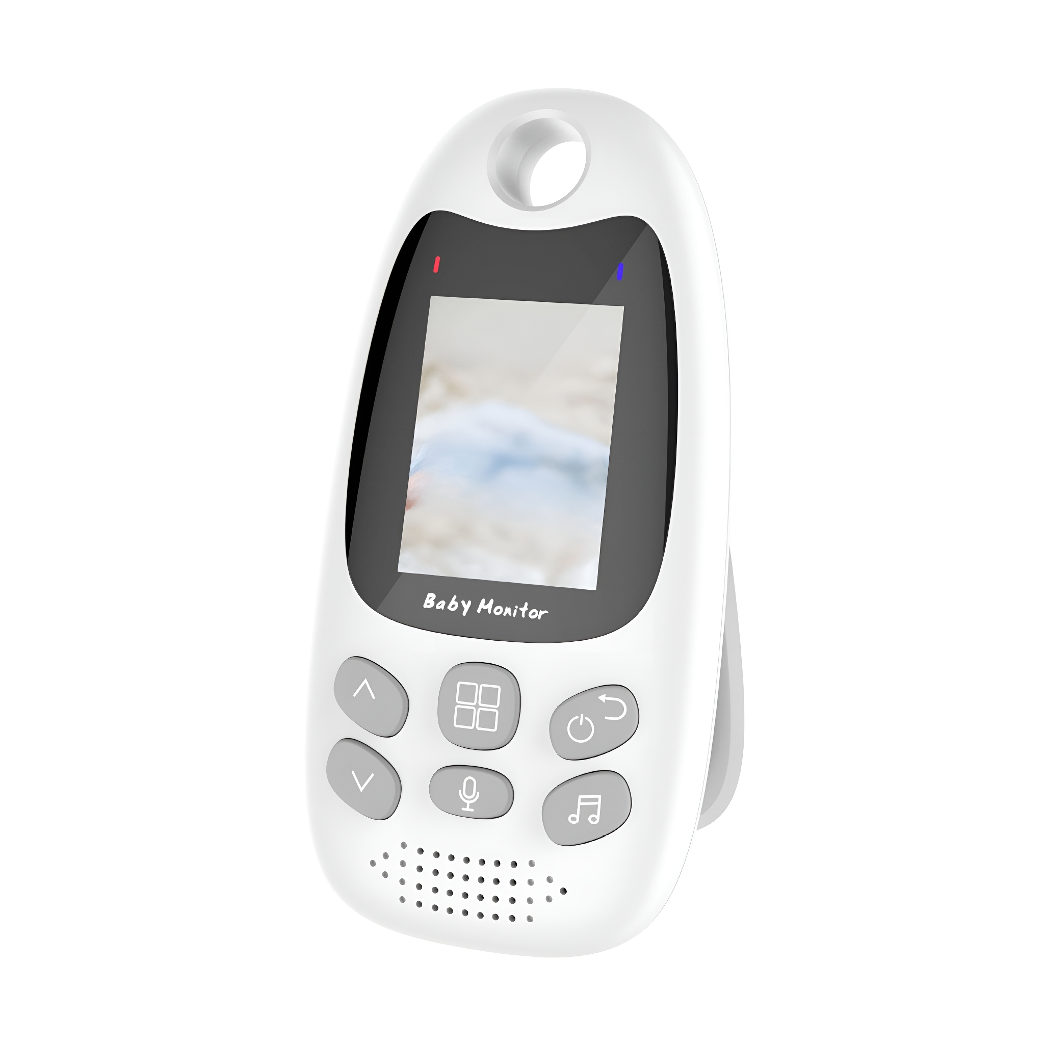 Weißer Babyphone mit Bildschirm und Knöpfen. Zeigt ein Baby-Bild an.