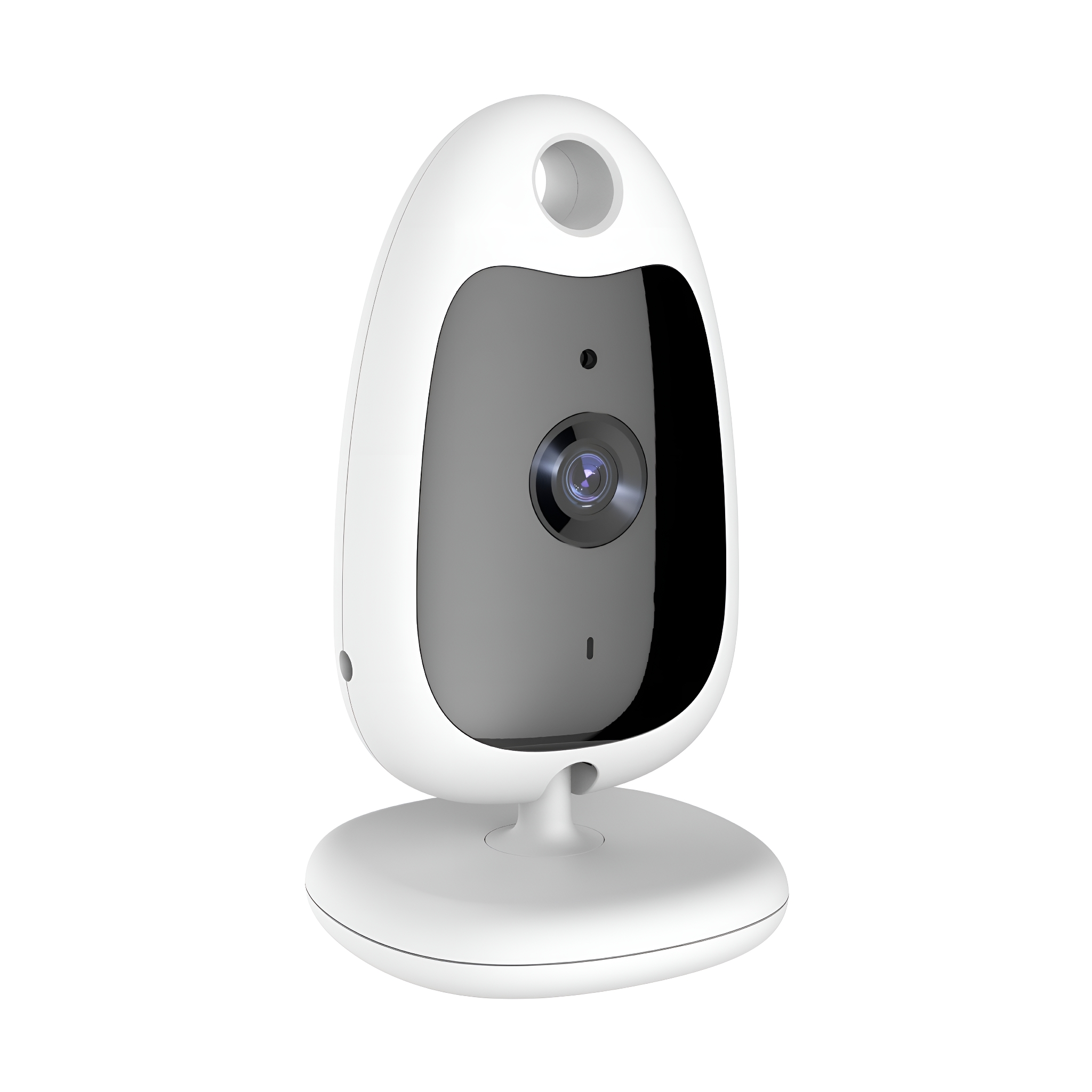 Ein weißer Baby-Monitor mit grauem Bildschirm und Kameraobjektiv.