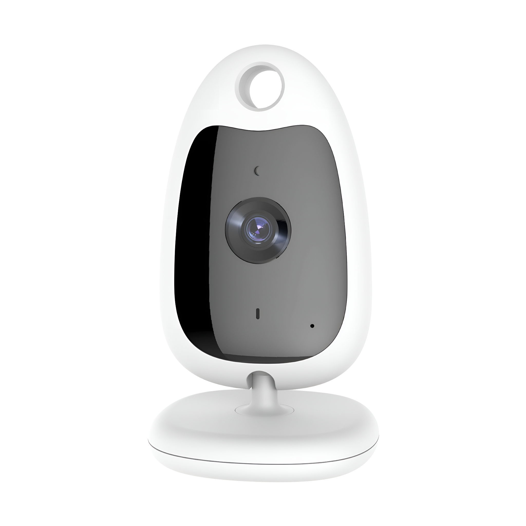 Weißer Babyphone mit Kamera und Sockel, isoliert auf weißem Hintergrund.