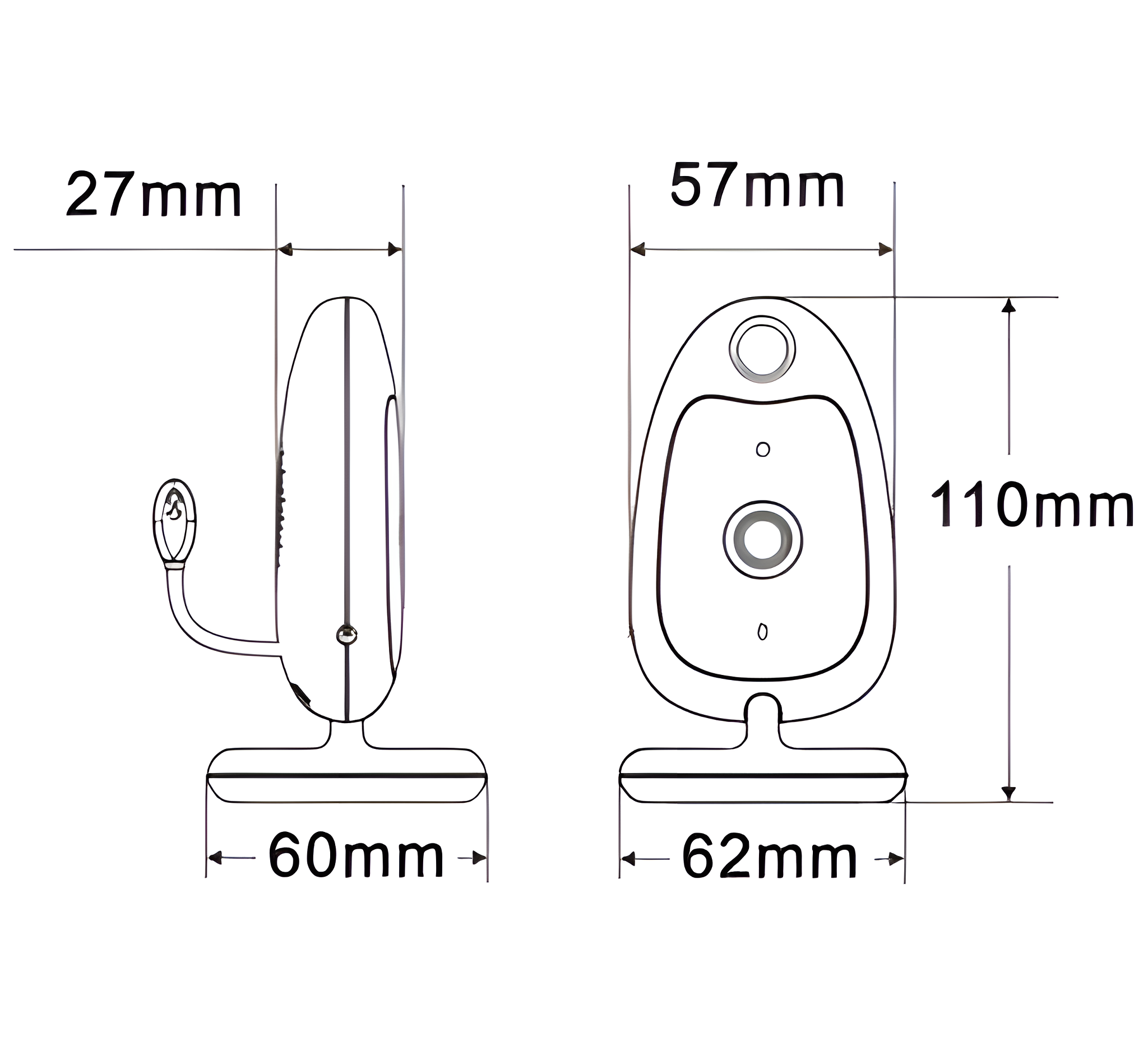Zwei Babyphone, mit Messungen und Abmessungen an der Seite gekennzeichnet.