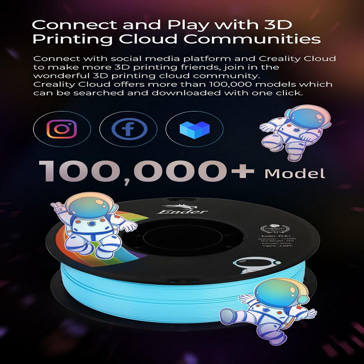 Grafika promocji druku 3D z astronautami i kolorowym filamentem.