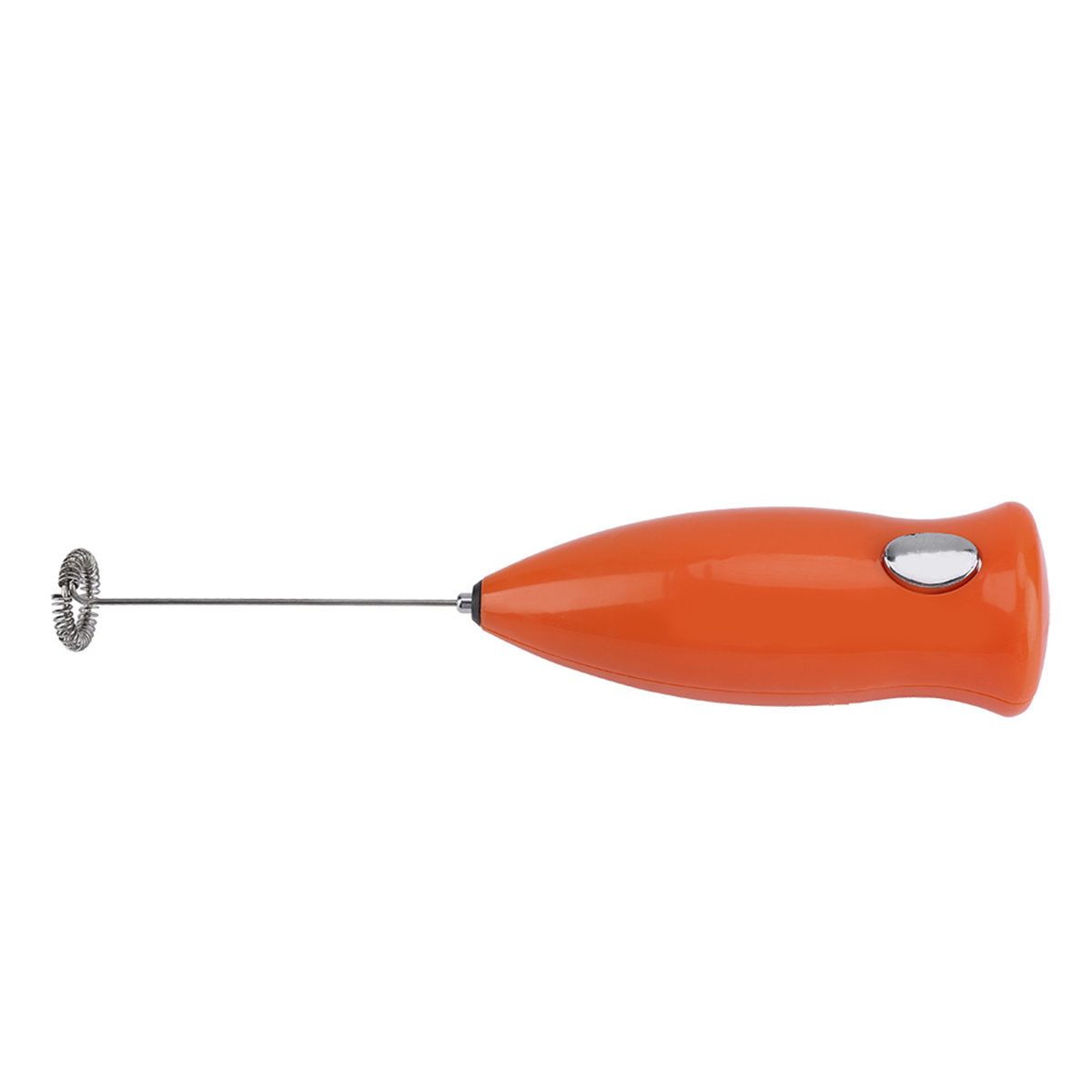 Oranger Milchaufschäumer mit einem silbernen Schneebesen und einem Knopf.