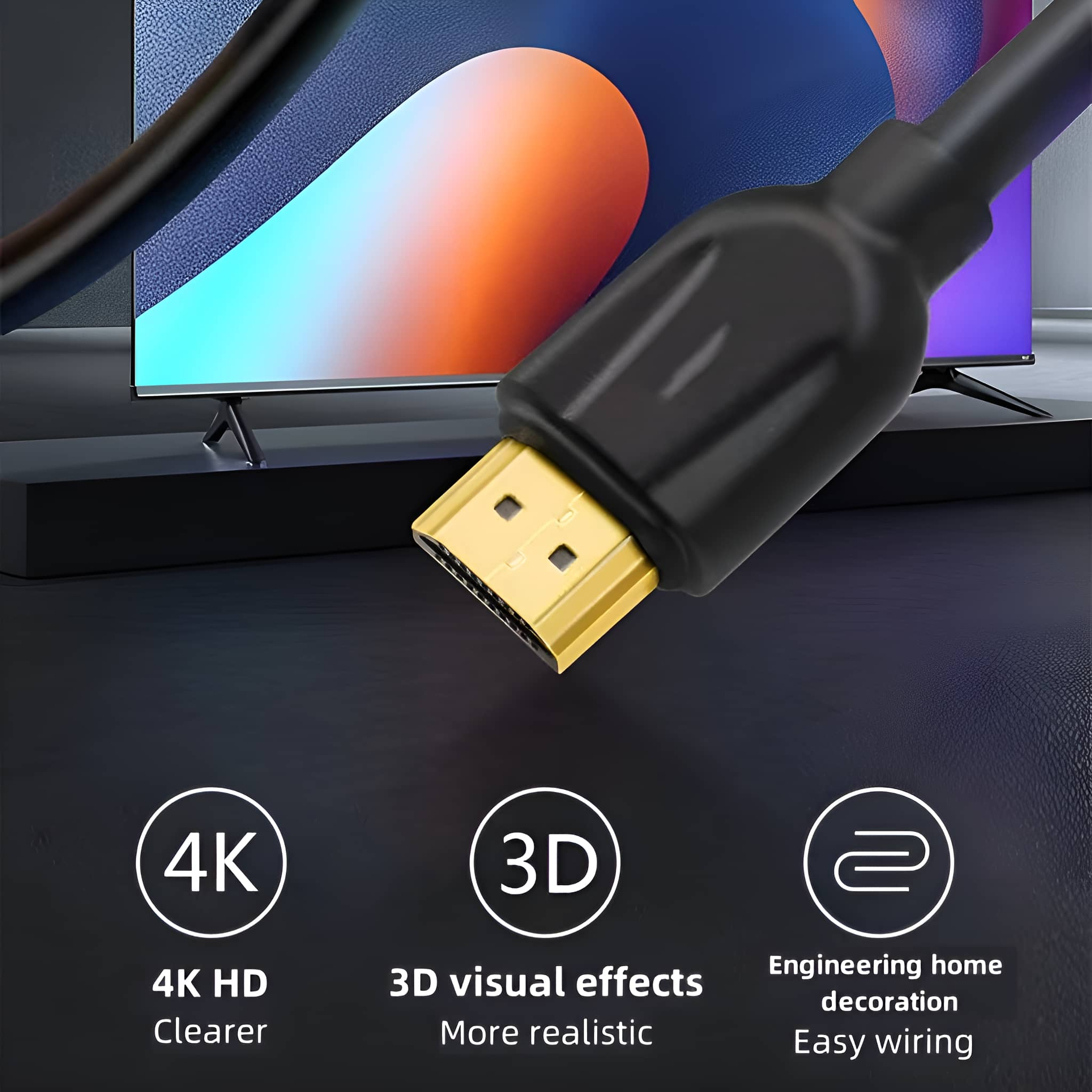 HDMI-Kabel mit Goldanschluss, 4K- und 3D-Icons. Zeigt einfache Verkabelung und Heimdekoration.