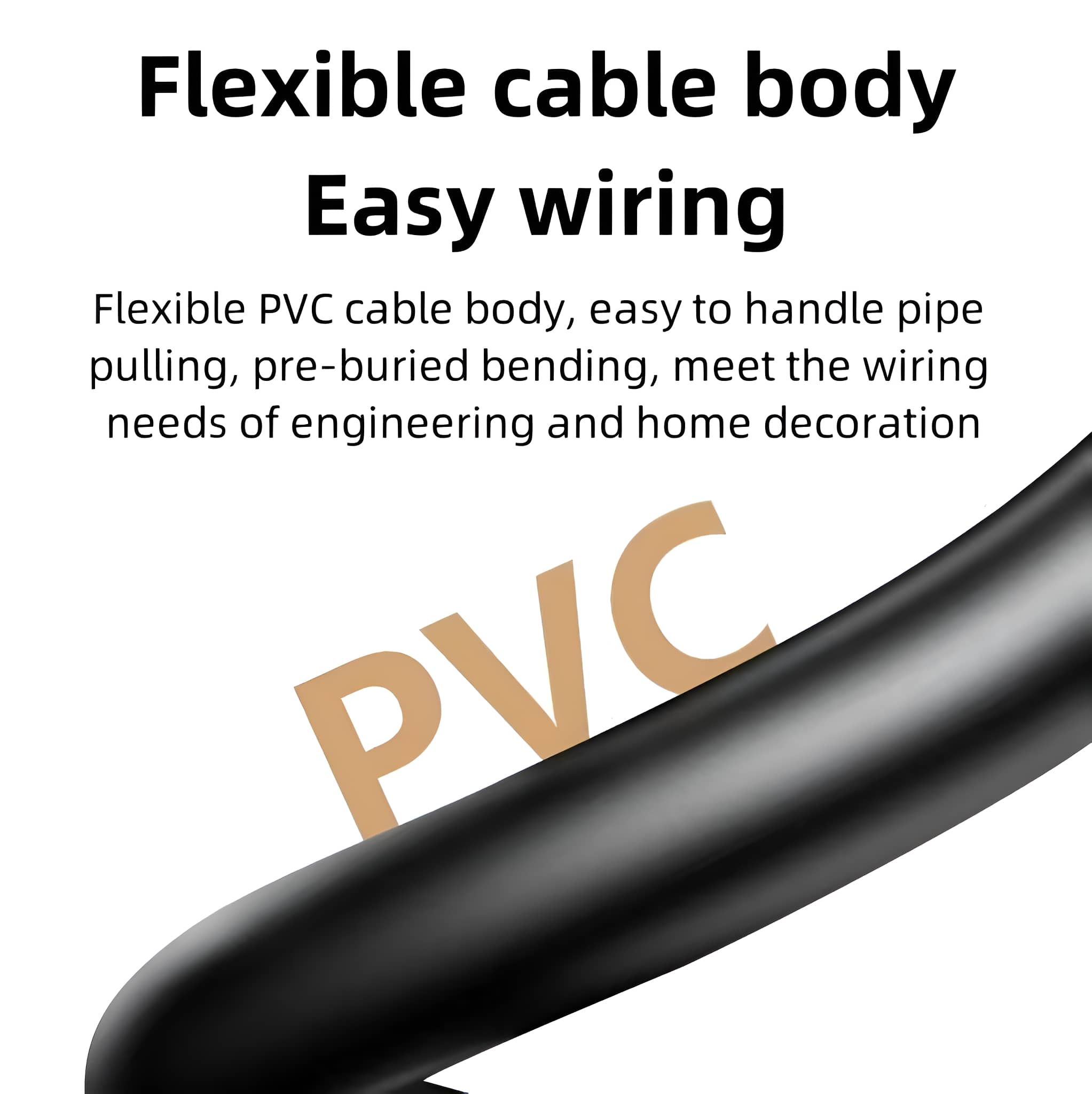Nahaufnahme eines schwarzen PVC-Kabels. Text: 'PVC' in hellbrauner Farbe.