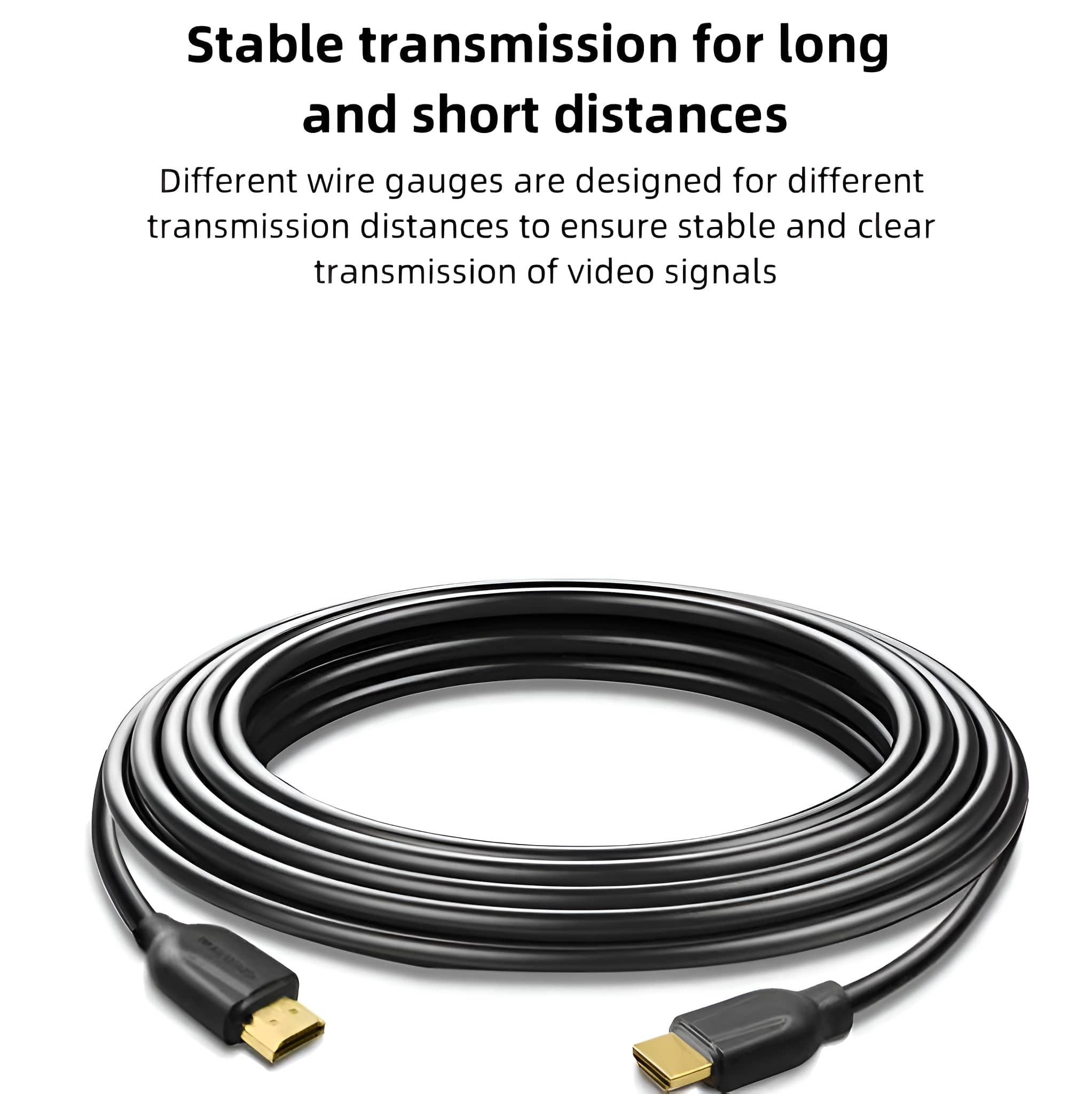 Schwarzes HDMI-Kabel, aufgerollt, mit Text über stabile Übertragung für große und kleine Entfernungen.