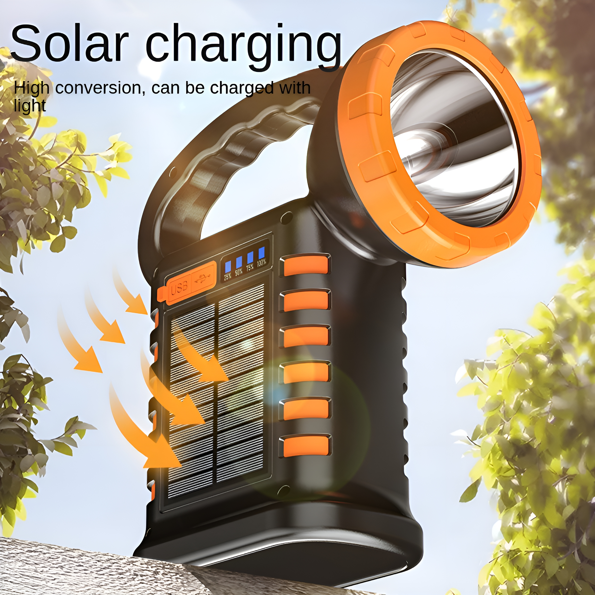 Solarbetriebene Taschenlampe mit Lade- und USB-Funktionen.