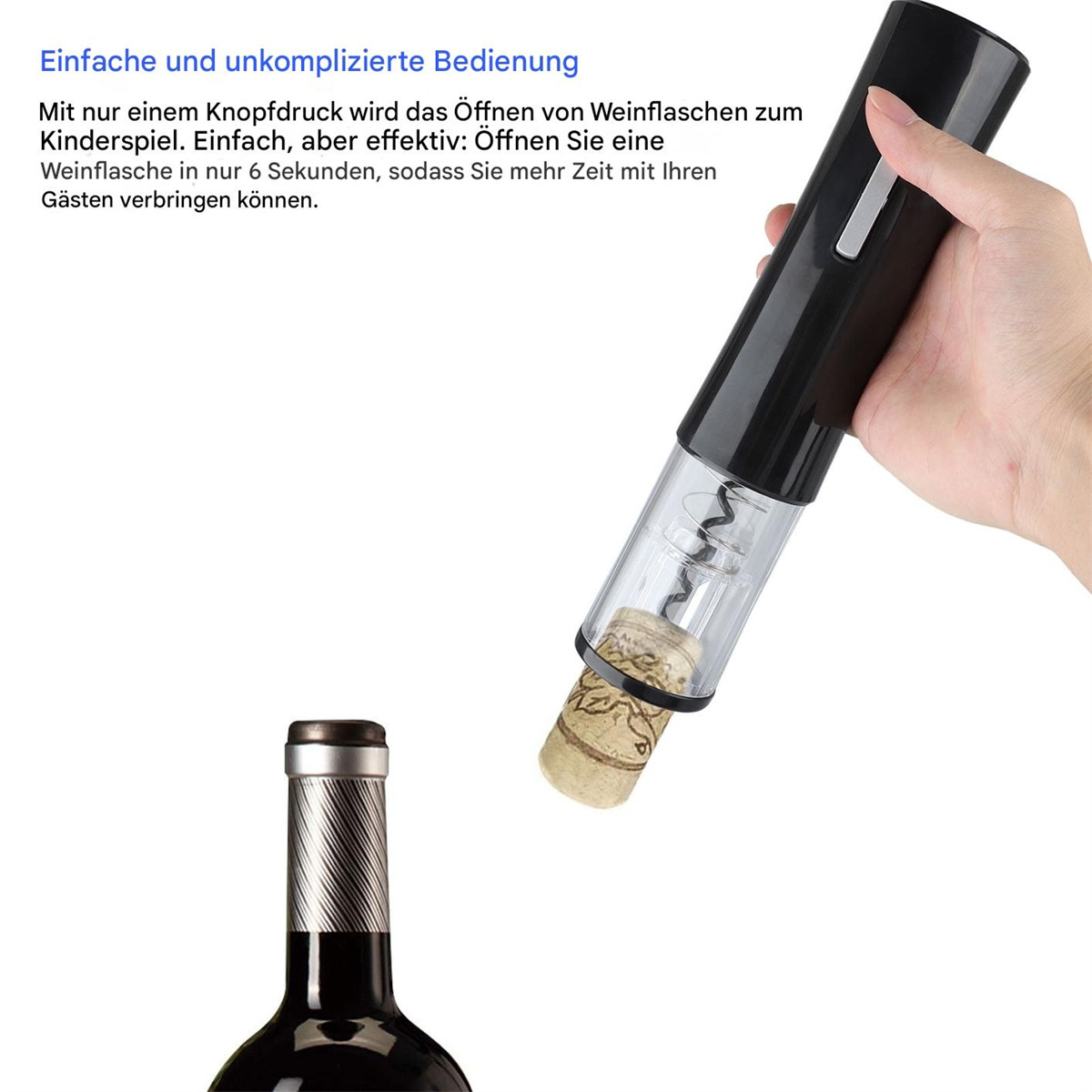 Eine Hand, die einen schwarzen elektrischen Weinöffner benutzt, um eine Weinflasche zu öffnen.