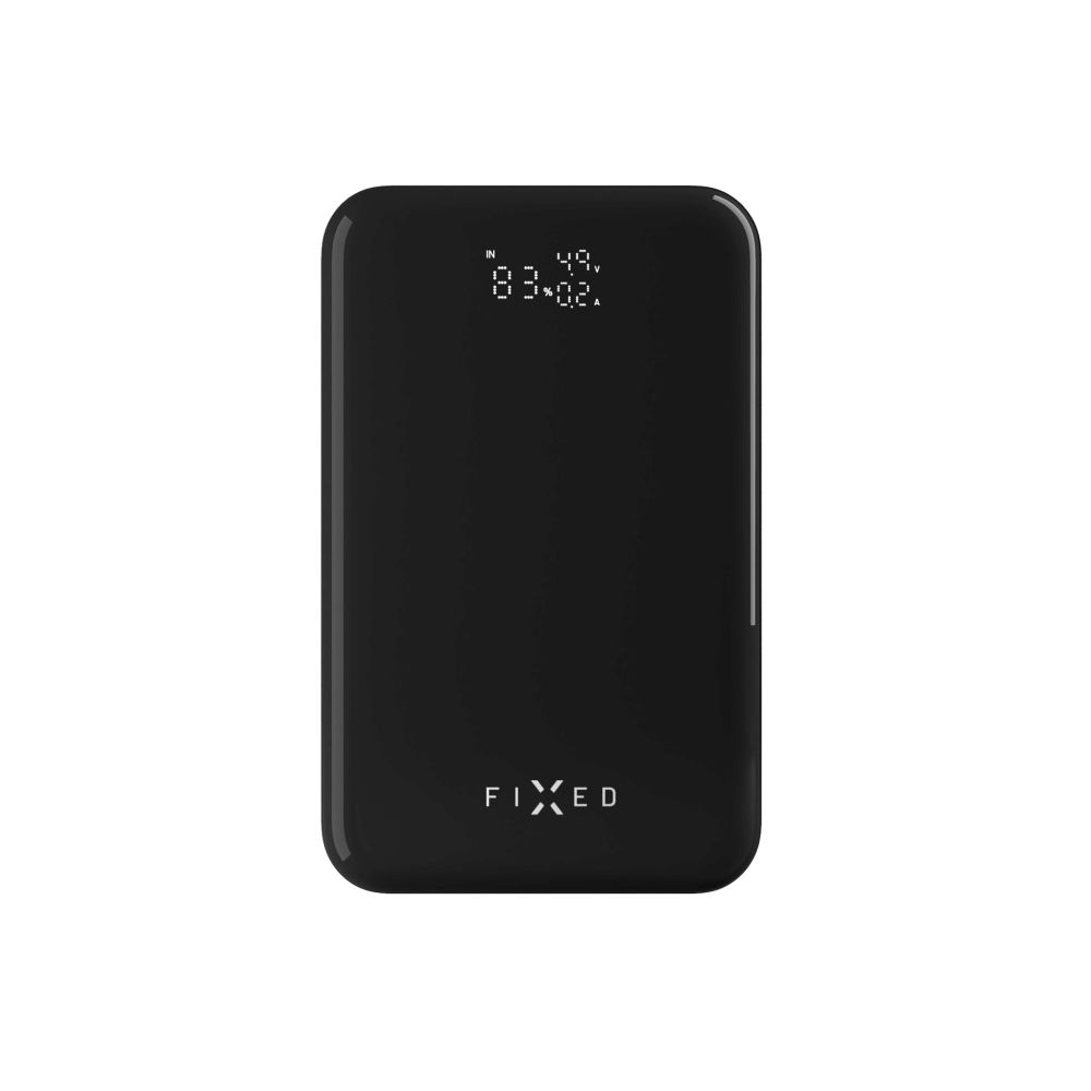 Eine schwarze, rechteckige Powerbank mit Digitalanzeige und dem Wort FIXED darauf.