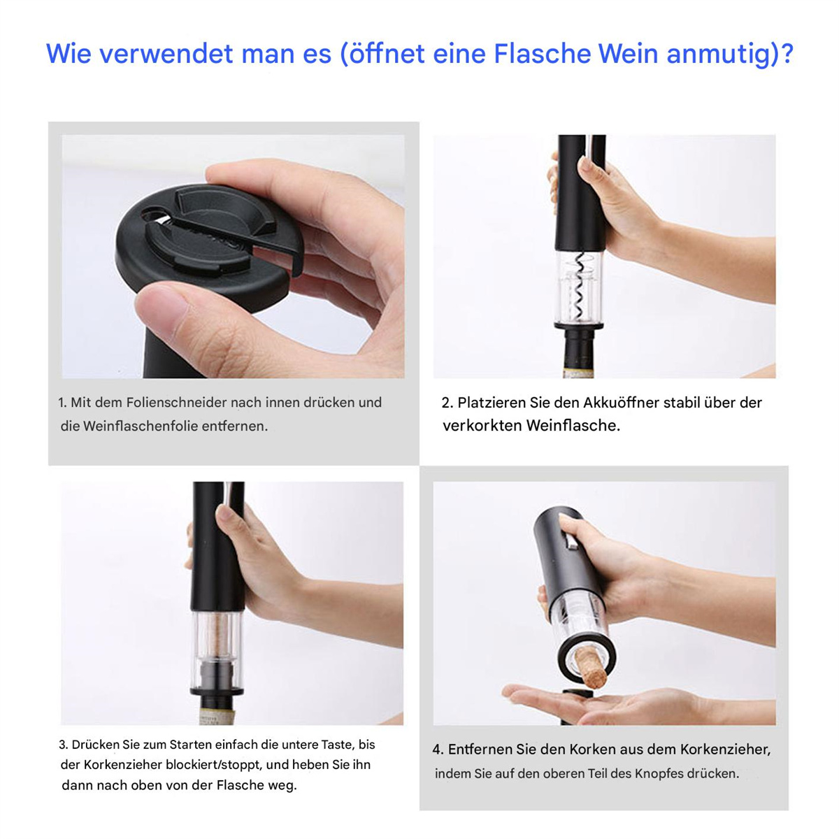 Anweisungen zum Öffnen einer Weinflasche mit einem Korkenzieher.