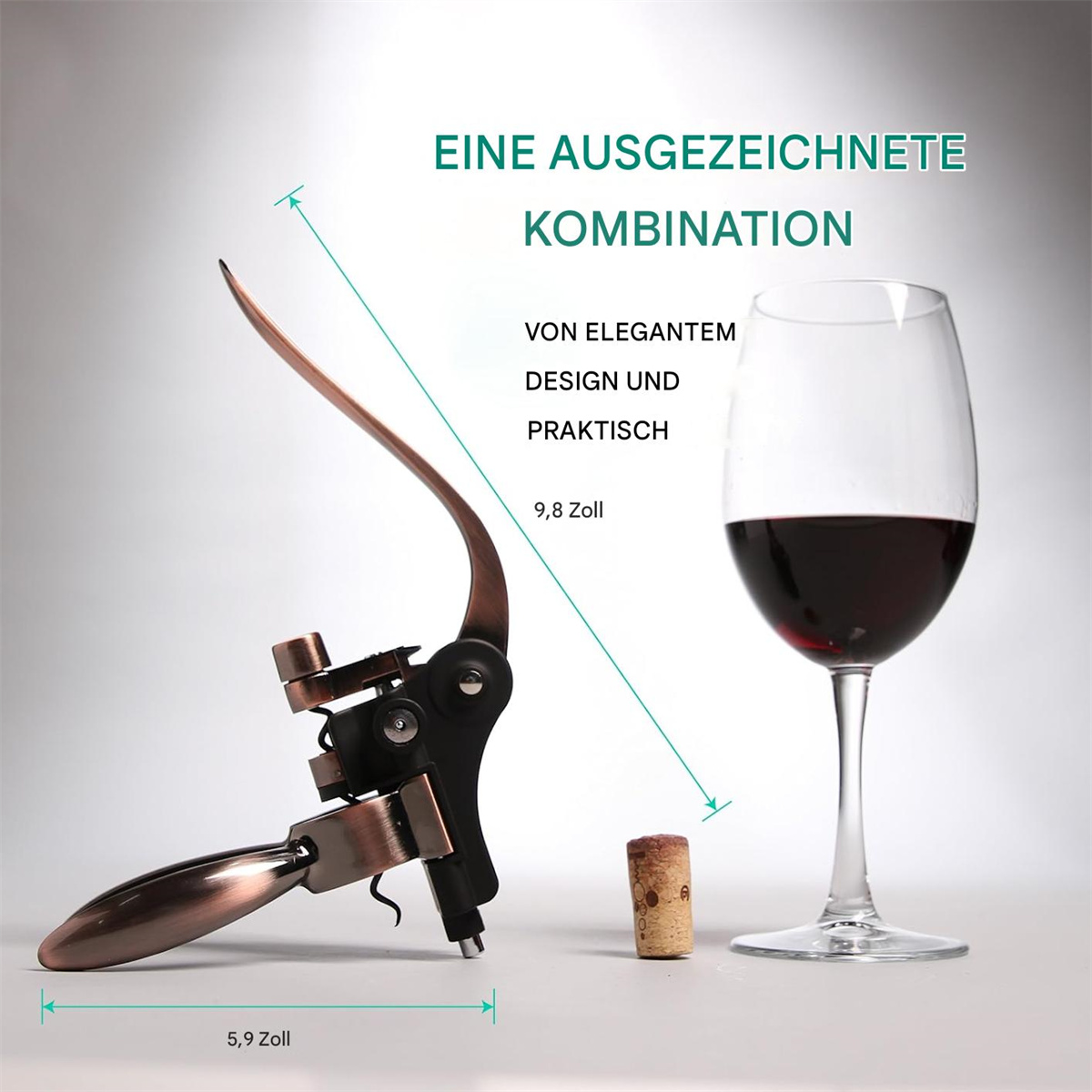 Korkenzieher, Weinglas mit Rotwein und ein Korken auf weißem Hintergrund.