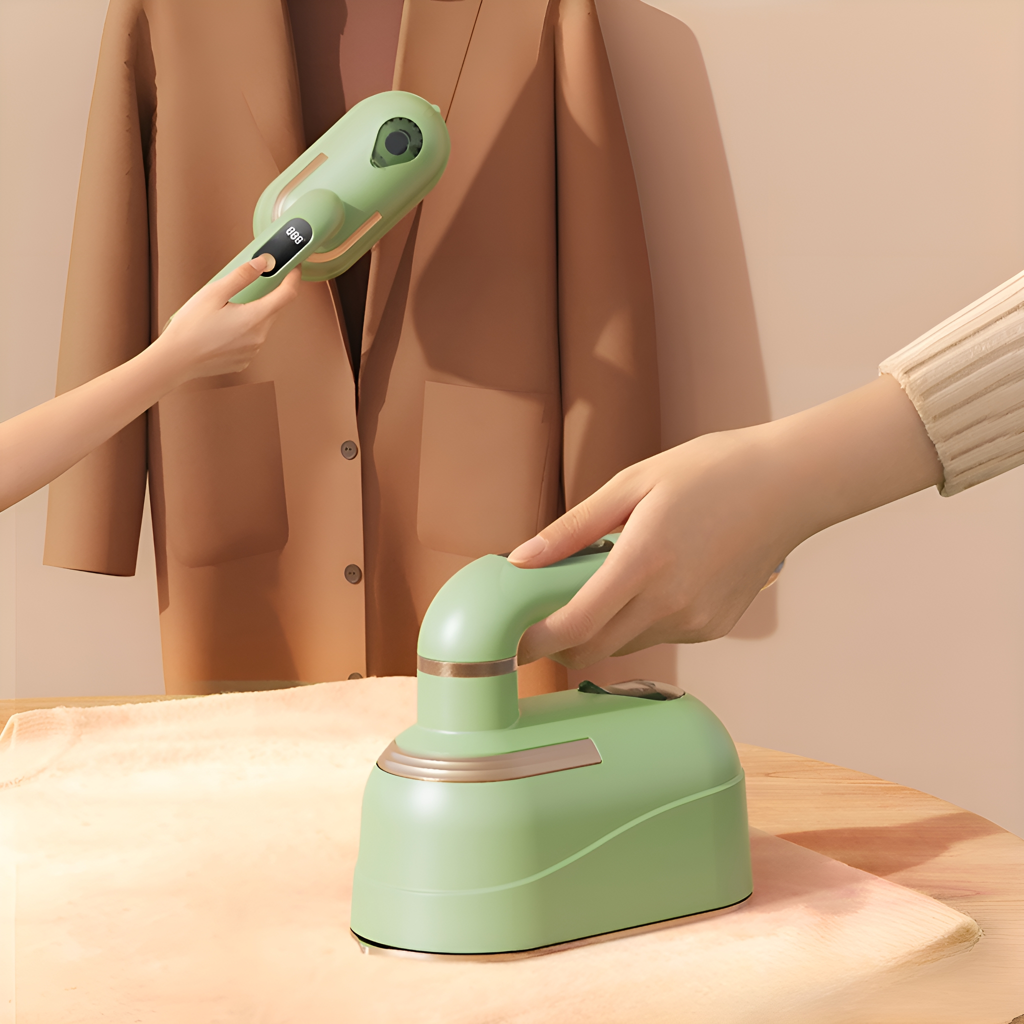 Hände, die einen grünen Hand-Dampfgarer und ein kleines Bügeleisen zum Dampf des Kleidungsstücks verwenden.