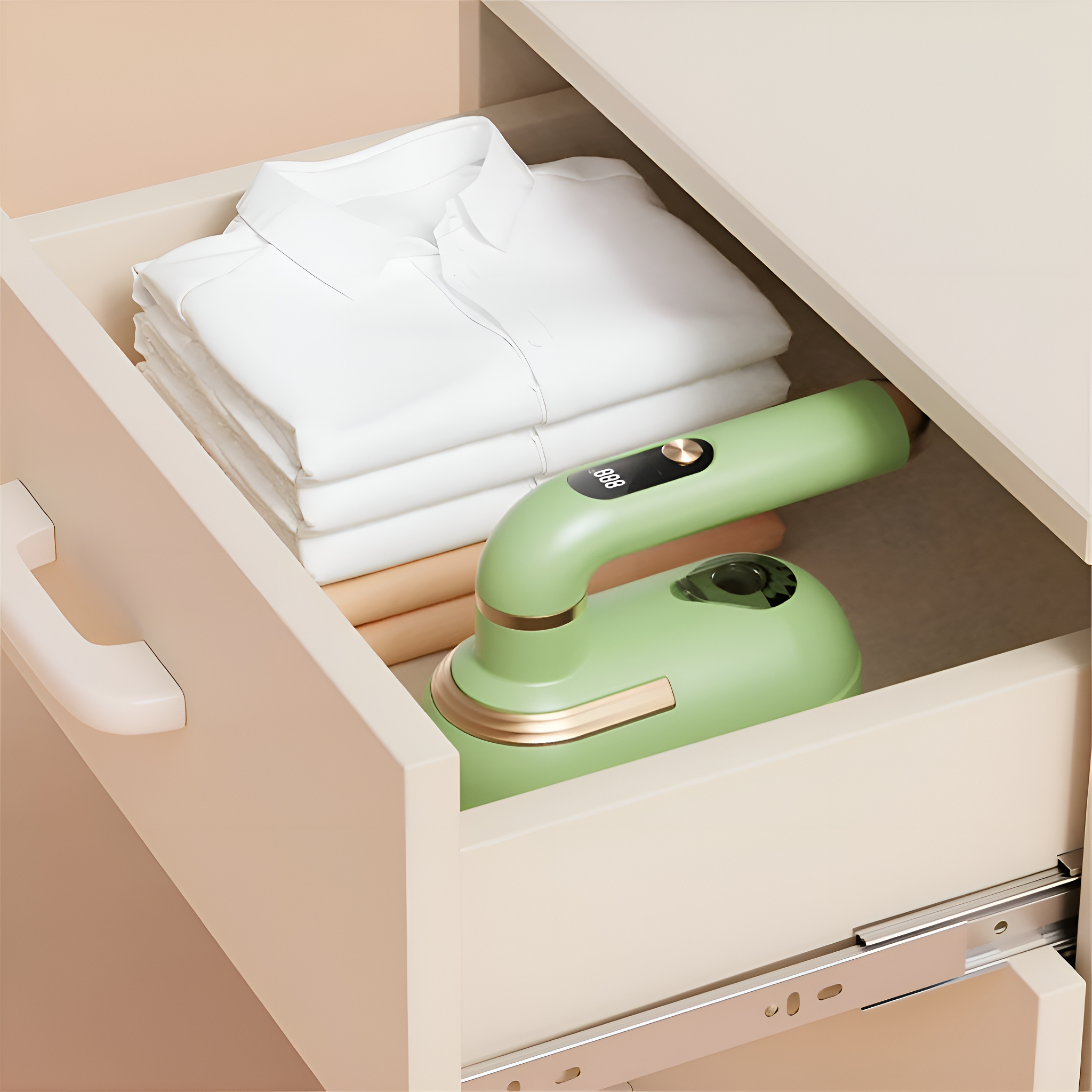 Eine offene Schublade enthält ein grünes Bügeleisen und gefaltete weiße Hemden. Die Schublade ist beige.