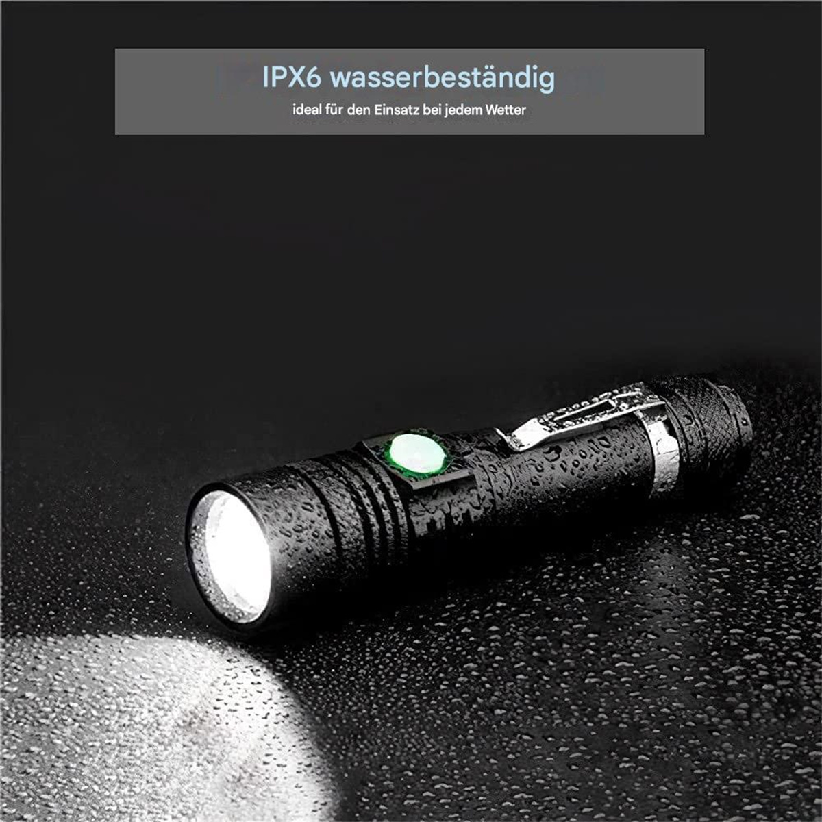 Eine schwarze Taschenlampe mit hellem Licht, mit dem Text „IPX6 wasserbeständig“ und „ideal für den Einsatz...“.