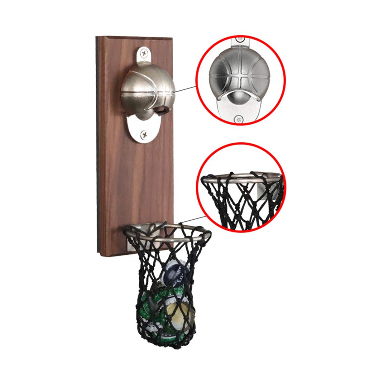 Ein Basketball-Flaschenöffner auf Holz montiert, mit einem Netz, das Kronkorken auffängt.