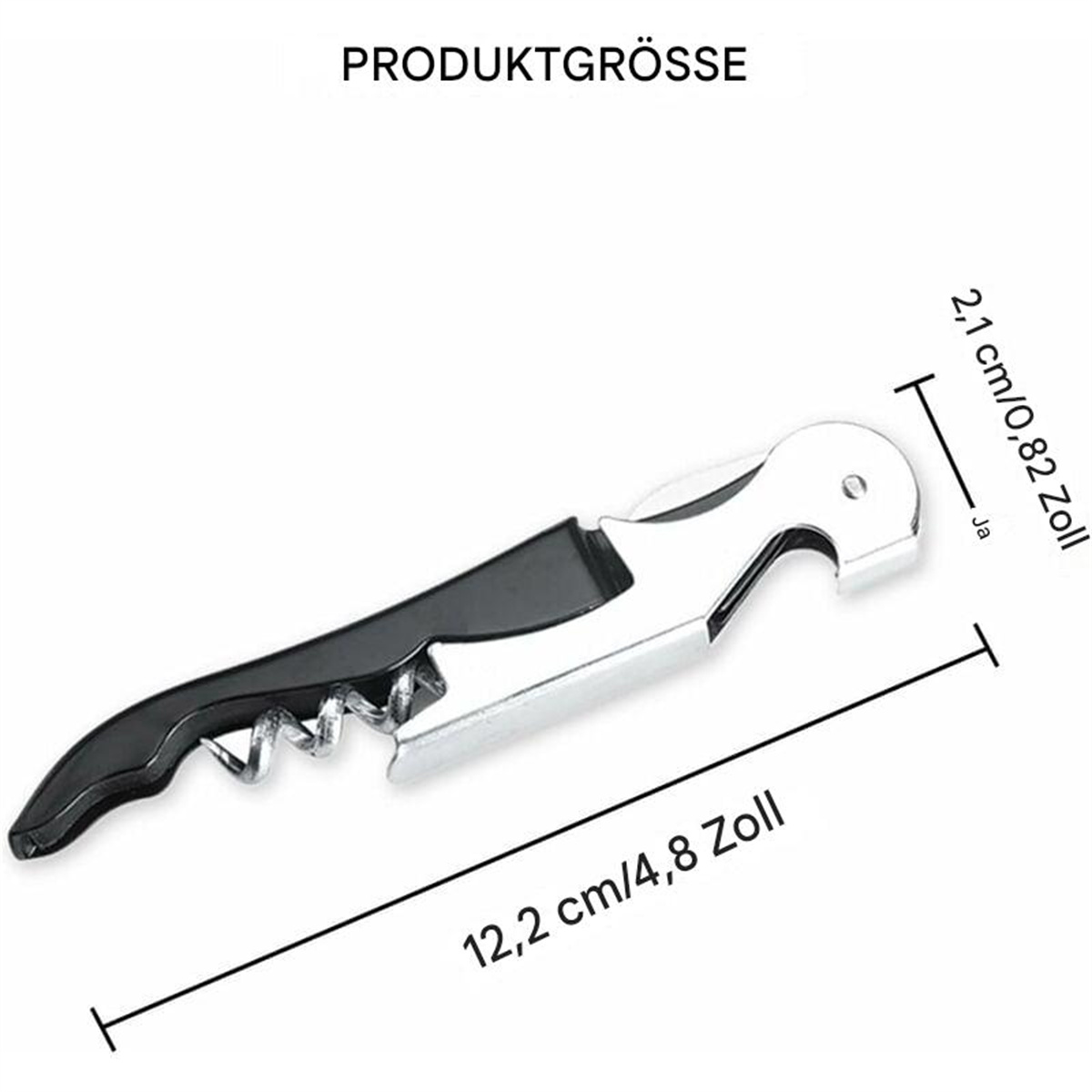 Ein kleiner schwarz-silberner Korkenzieher mit Abmessungen in Englisch und Deutsch.