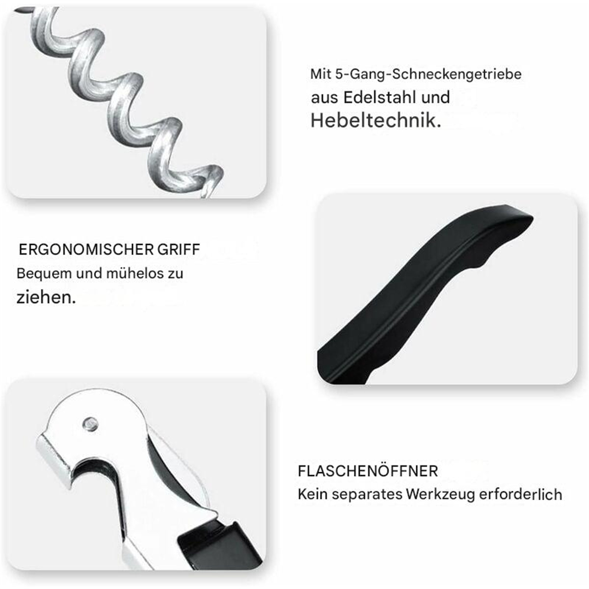 Nahaufnahme eines silbernen Korkenziehers mit einer Schraube, einem Griff und einem Flaschenöffner.