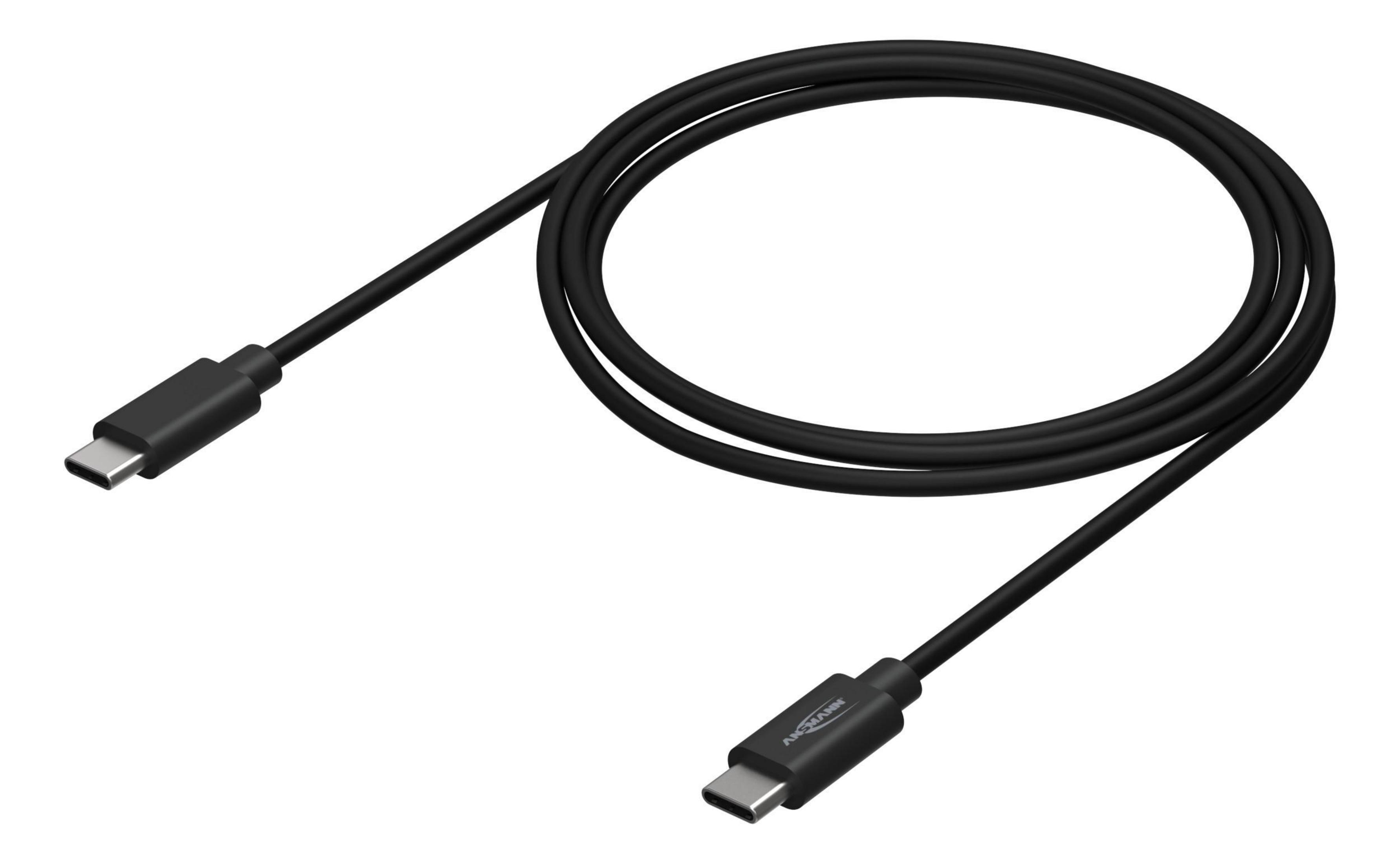 Cavo USB-C nero con connettori USB-C su entrambe le estremità. È su sfondo bianco.