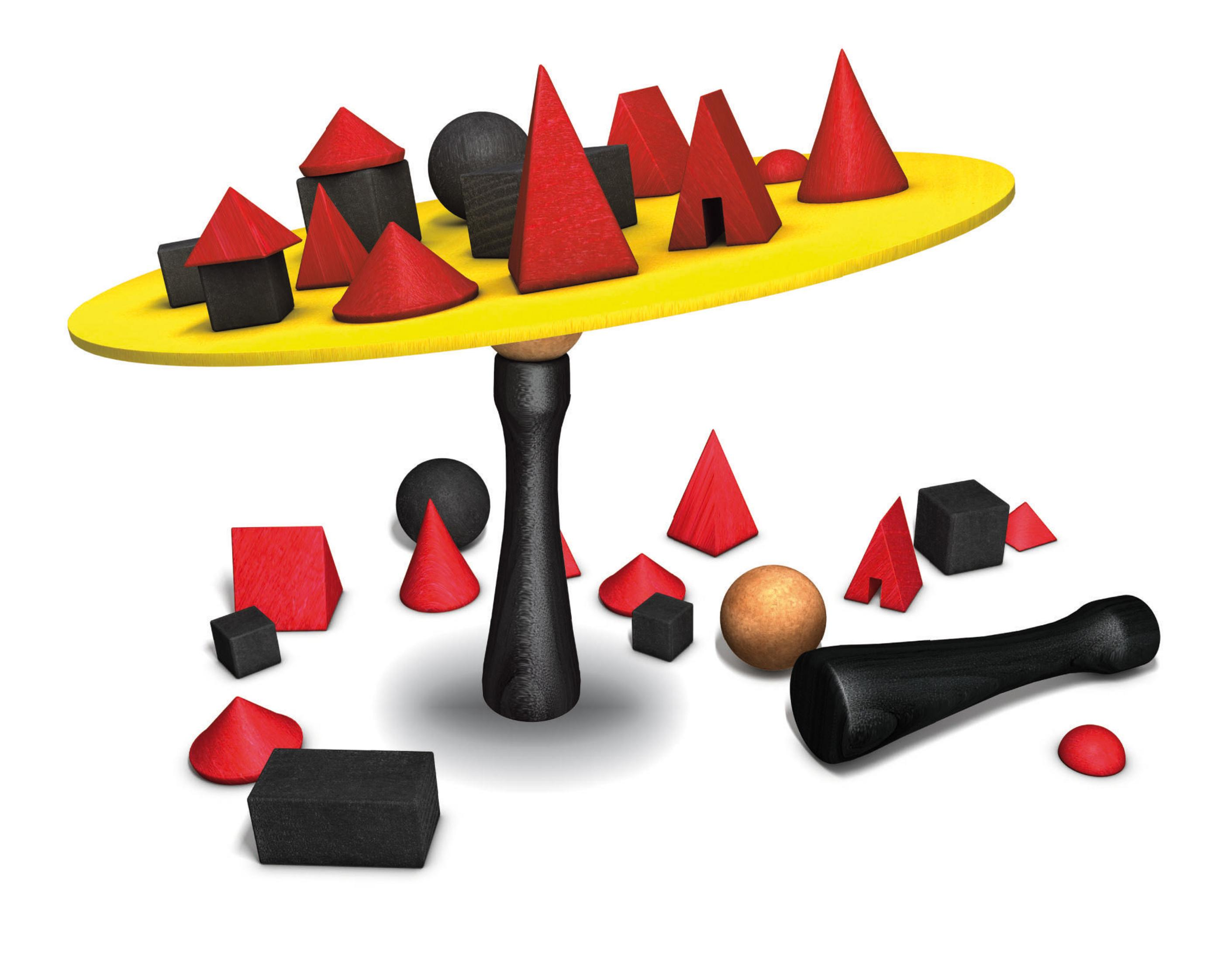 Holzpuzzle-Spiel mit roten, schwarzen und gelben Formen. Der Hintergrund ist weiß.